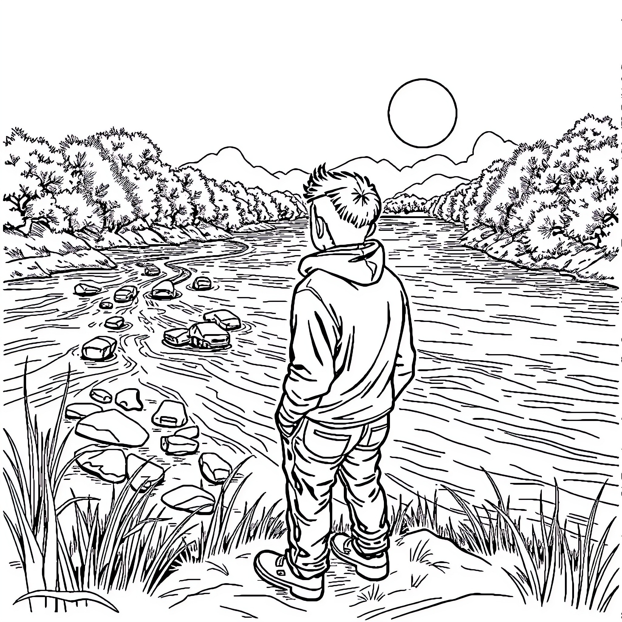 Moses Contemplating the Riverbank Landscape Coloring Page (free black-and-white line drawing printable PDF for all, from beginners to advanced learners, including children, teens, adults, and seniors)