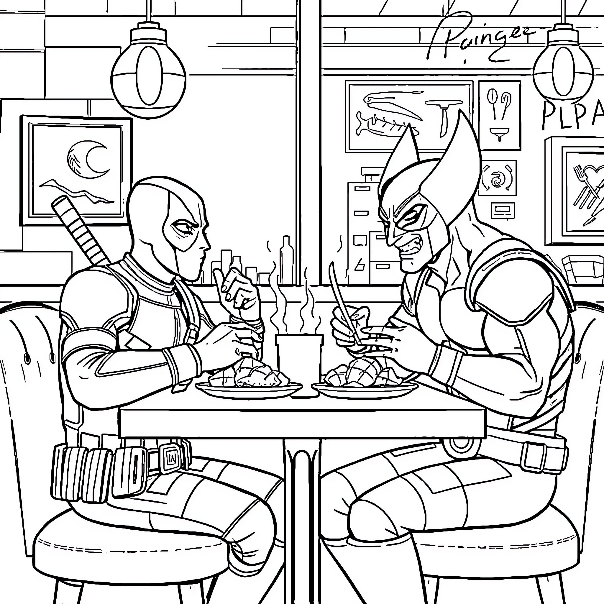 Deadpool and Batman Enjoy a Meal Together Coloring Page (free black-and-white line drawing printable PDF for all, from beginners to advanced learners, including children, teens, adults, and seniors)
