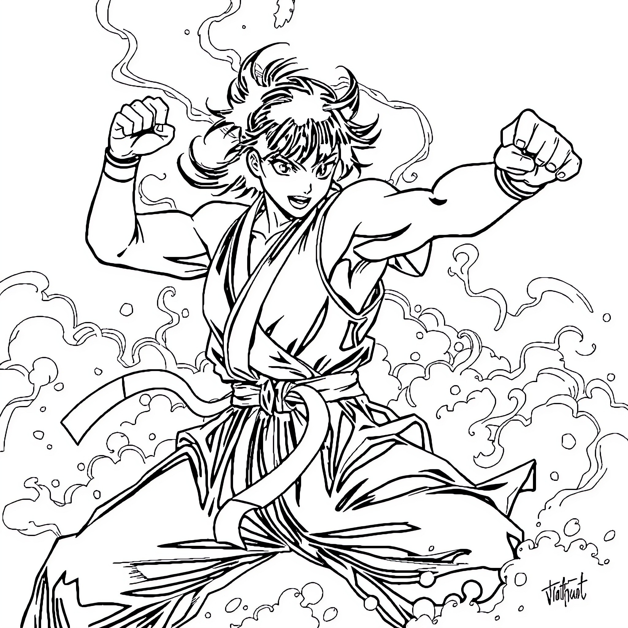 Rumi's Spirited Martial Arts Performance Coloring Page (free black-and-white line drawing printable PDF for all, from beginners to advanced learners, including children, teens, adults, and seniors)