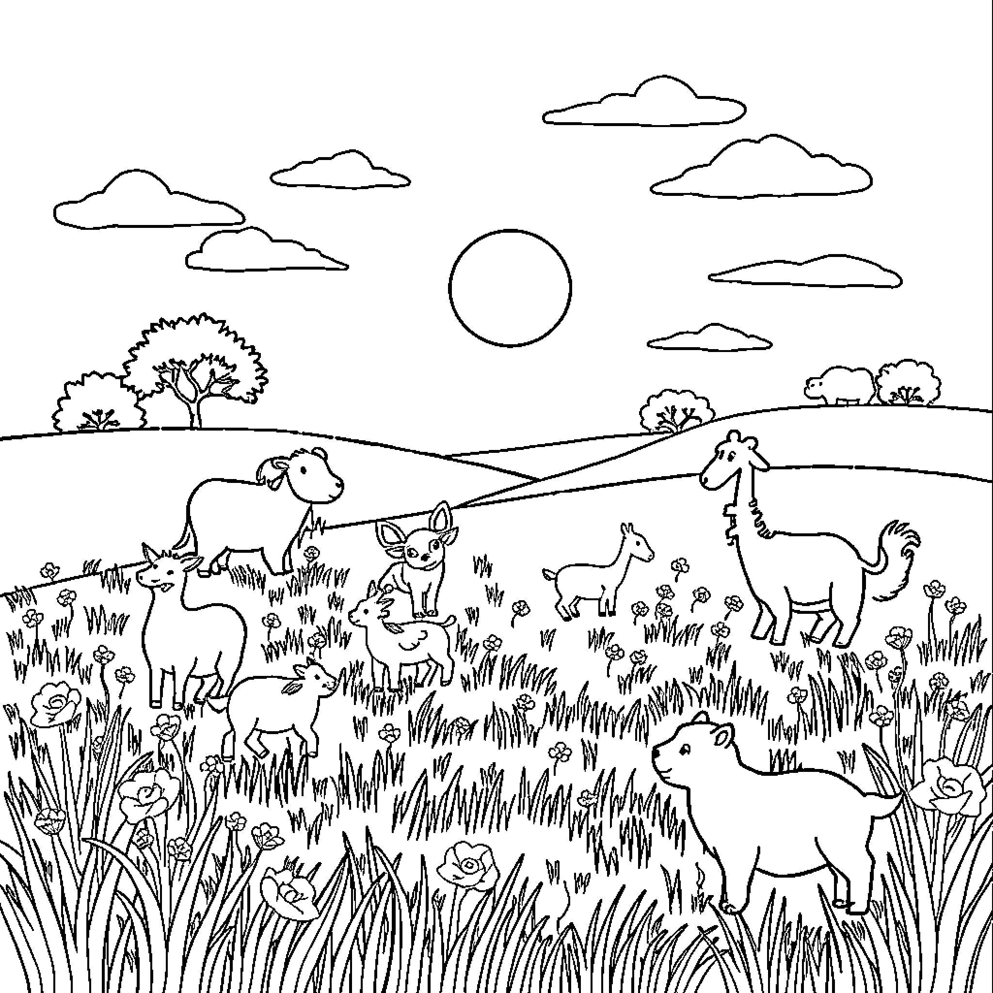 Animal Gathering in a Scenic Landscape Coloring Page (free black-and-white line drawing printable PDF for all, from beginners to advanced learners, including children, teens, adults, and seniors)