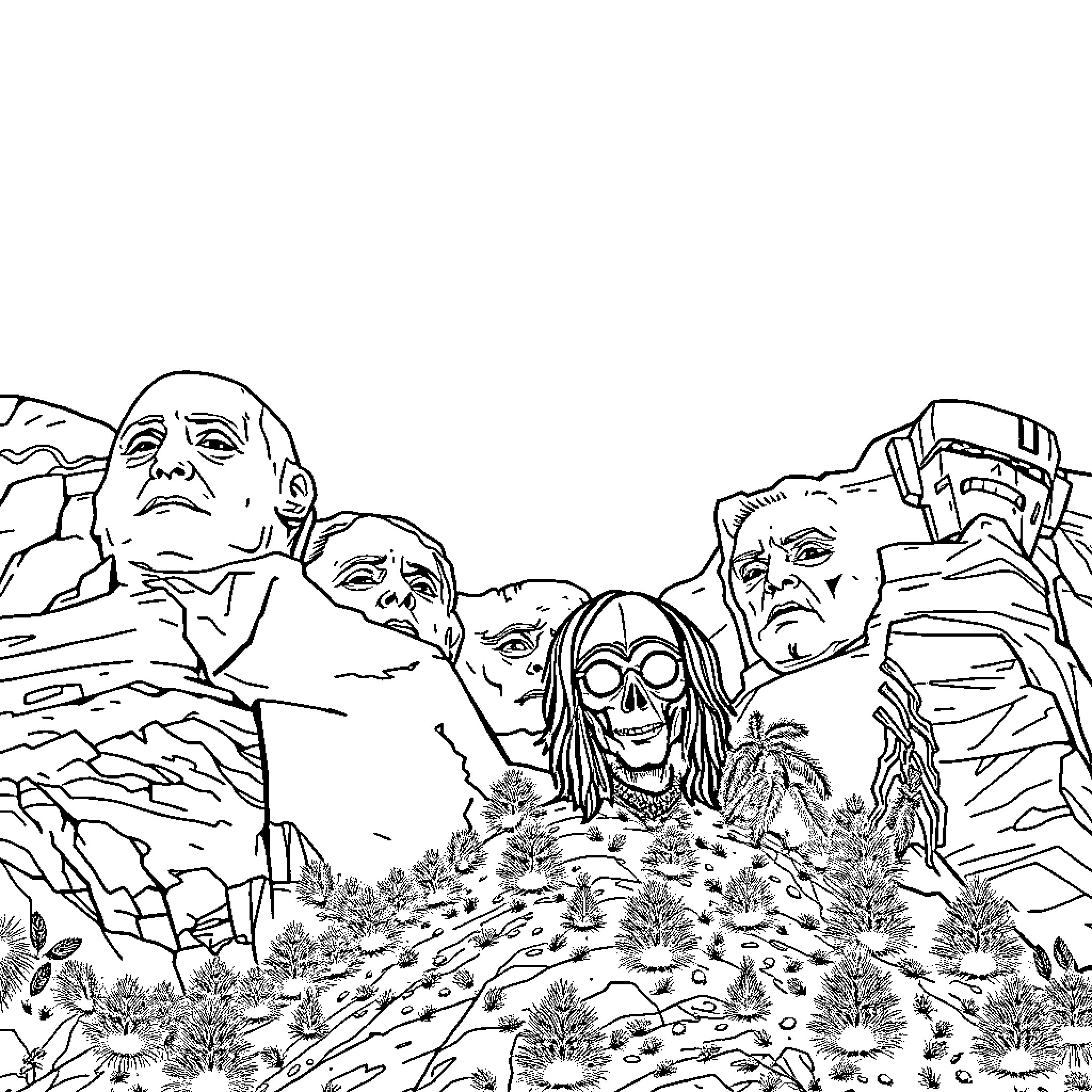 Rock Star Faces Carved Into Mountainside Coloring Page (free black-and-white line drawing printable PDF for all, from beginners to advanced learners, including children, teens, adults, and seniors)