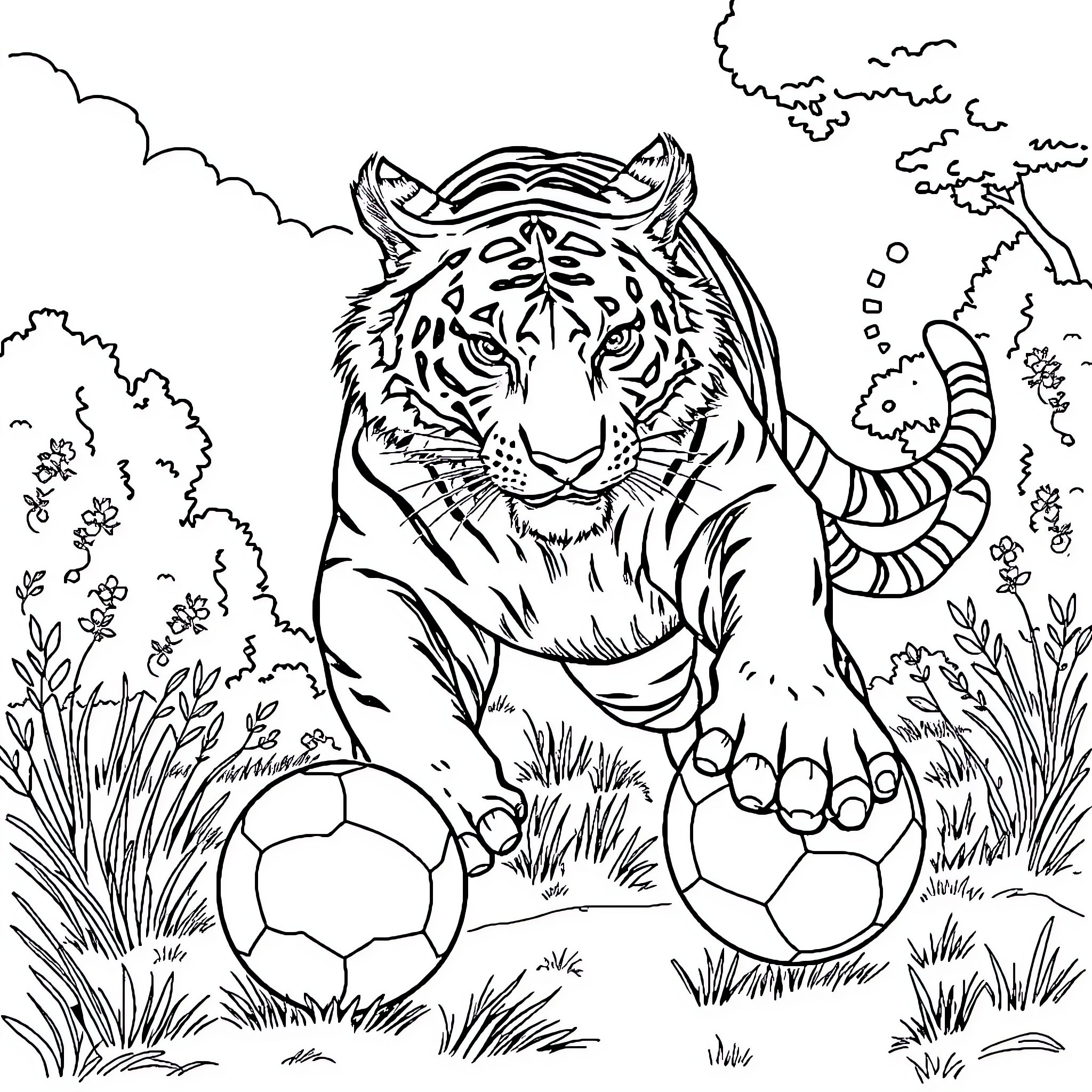 Tiger Relaxing with Soccer Balls in the Jungle Coloring Page (free black-and-white line drawing printable PDF for all, from beginners to advanced learners, including children, teens, adults, and seniors)