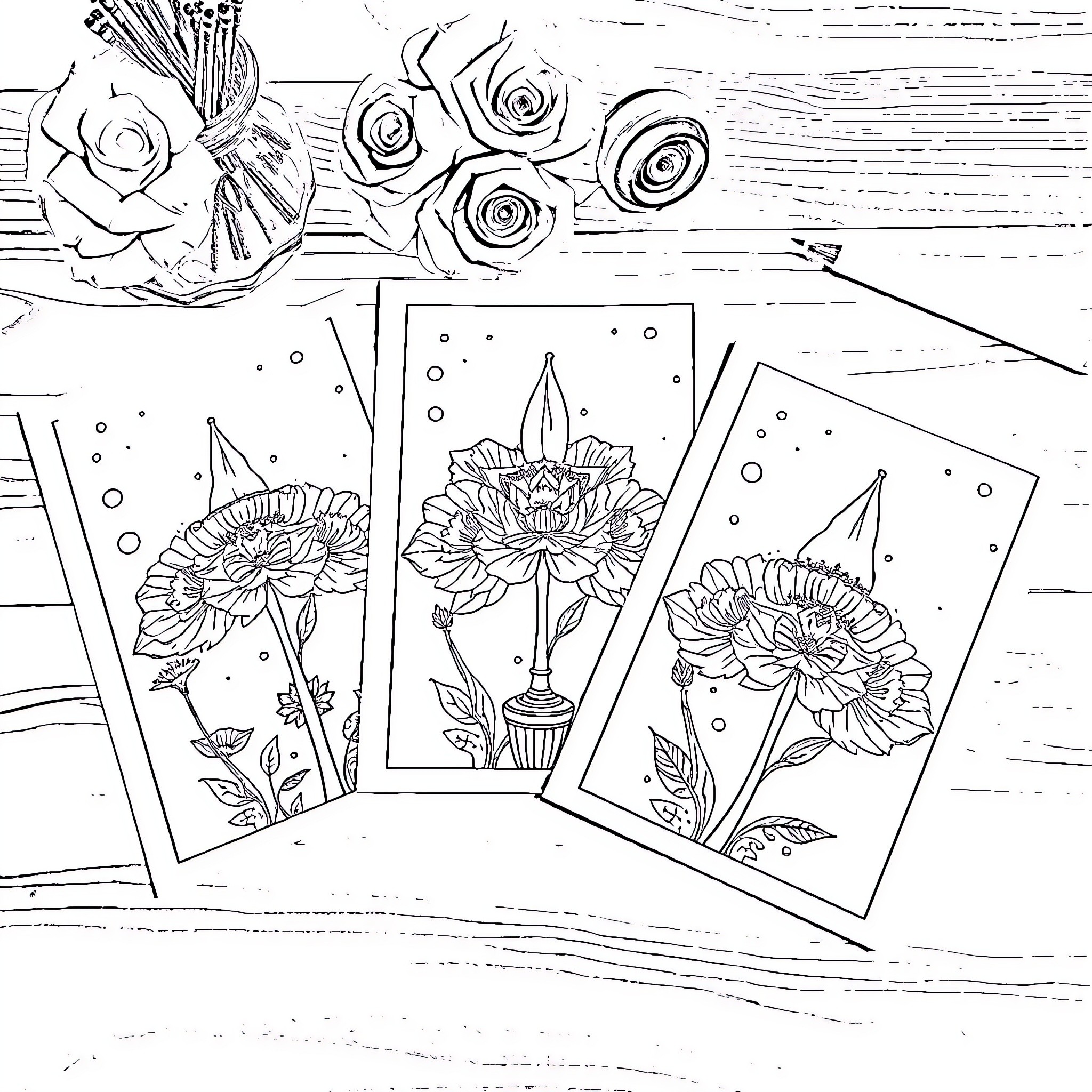 Siren of Floral Cards on Wooden Background Coloring Page (free black-and-white line drawing printable PDF for all, from beginners to advanced learners, including children, teens, adults, and seniors)