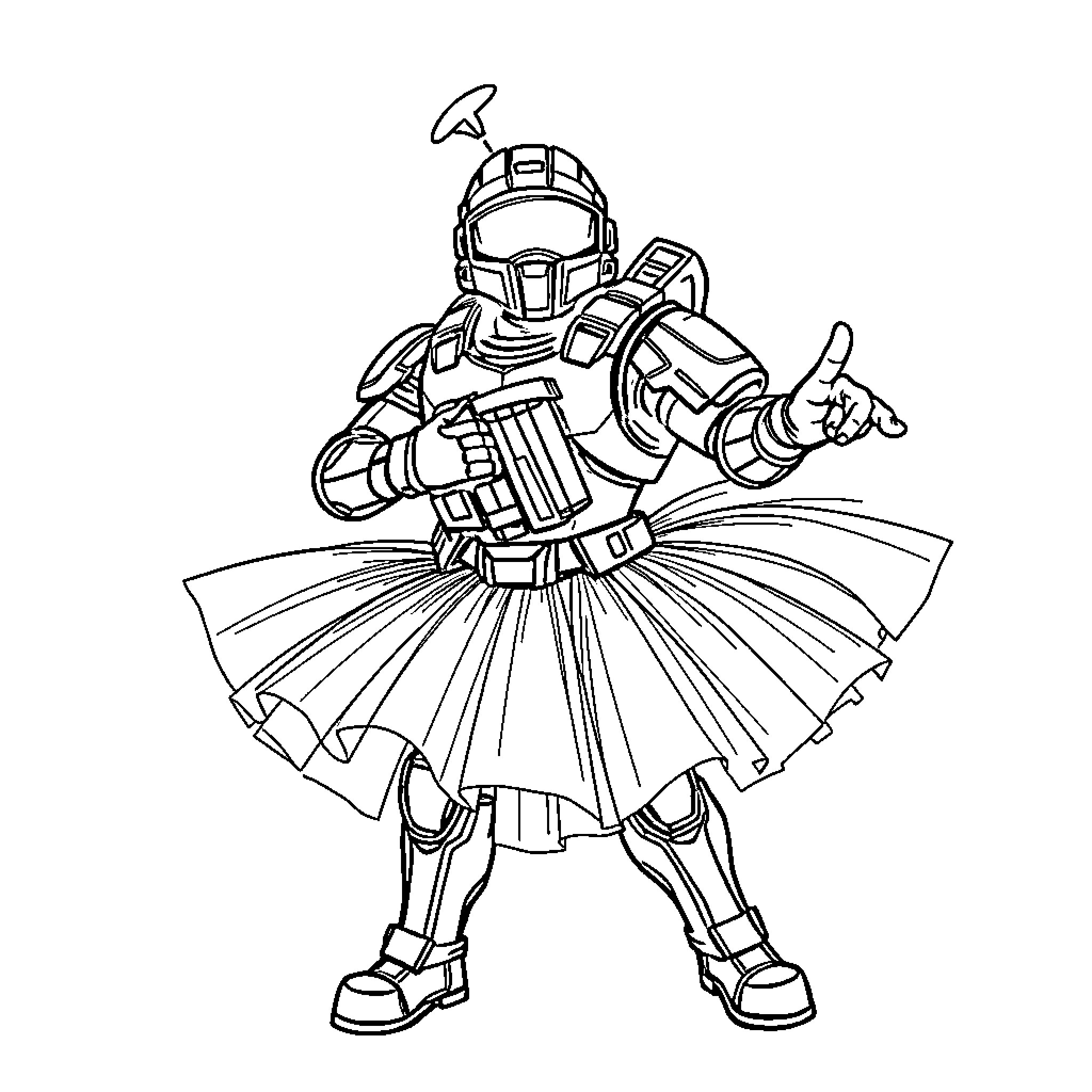 Master Chief in Heroic Pose Coloring Page (free black-and-white line drawing printable PDF for all, from beginners to advanced learners, including children, teens, adults, and seniors)