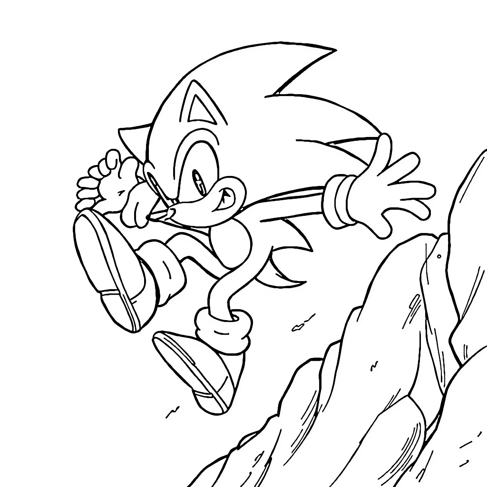 Sonic racing through a rocky landscape Coloring Page (free black-and-white line drawing printable PDF for all, from beginners to advanced learners, including children, teens, adults, and seniors)
