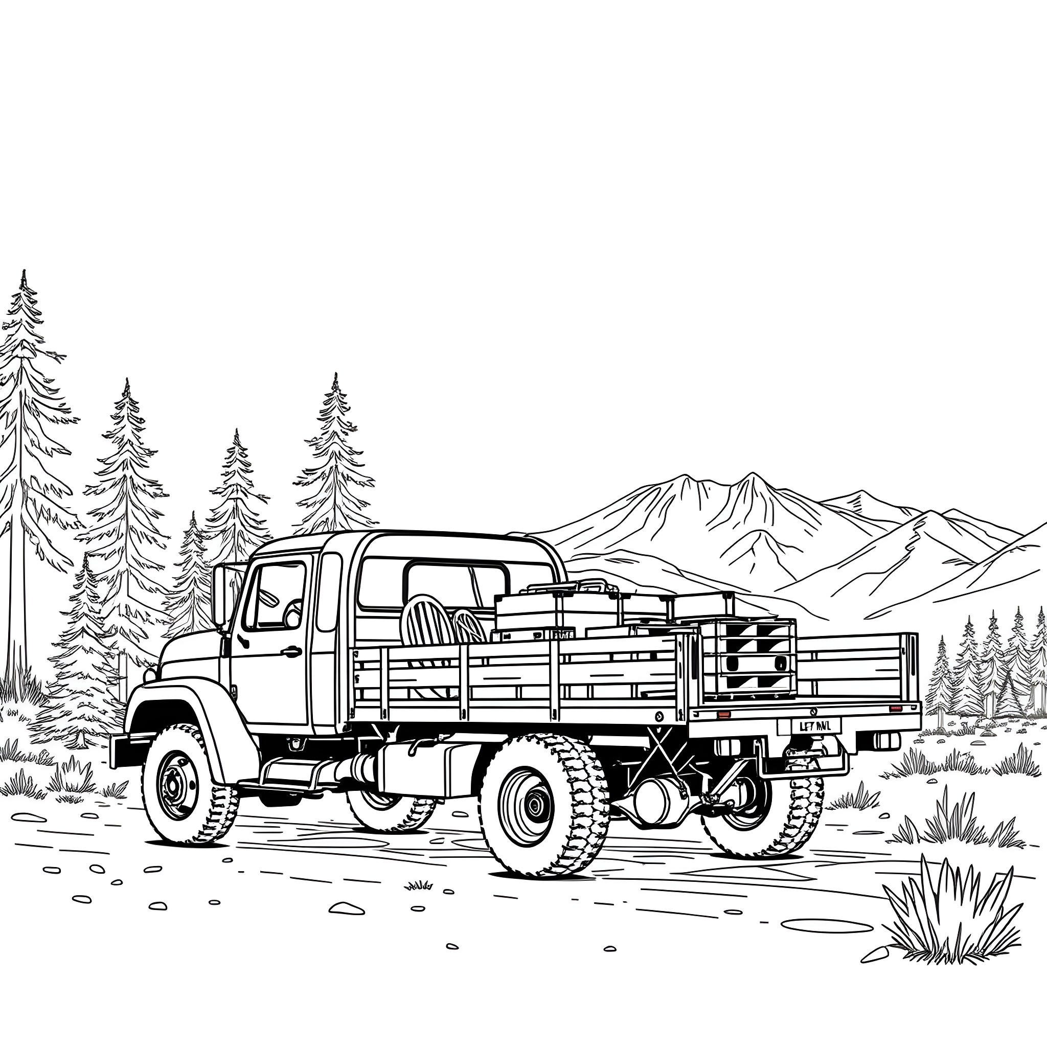 Flatbed truck traversing mountain terrain Coloring Page (free black-and-white line drawing printable PDF for all, from beginners to advanced learners, including children, teens, adults, and seniors)