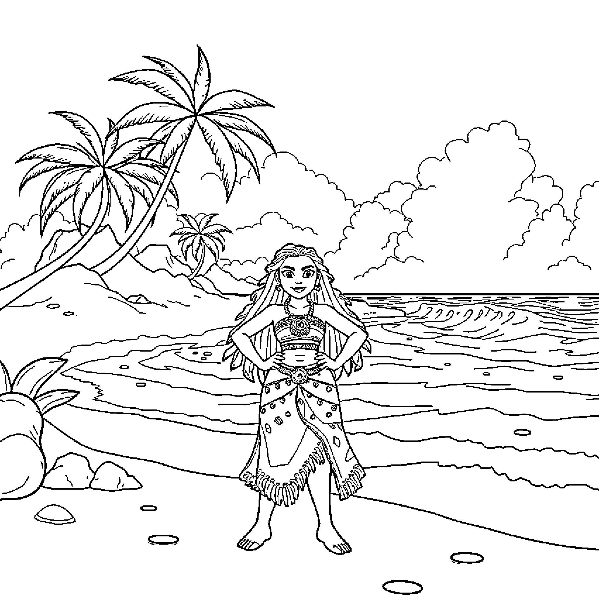 Moana enjoying a sunny day at the tropical beach Coloring Page (free black-and-white line drawing printable PDF for all, from beginners to advanced learners, including children, teens, adults, and seniors)