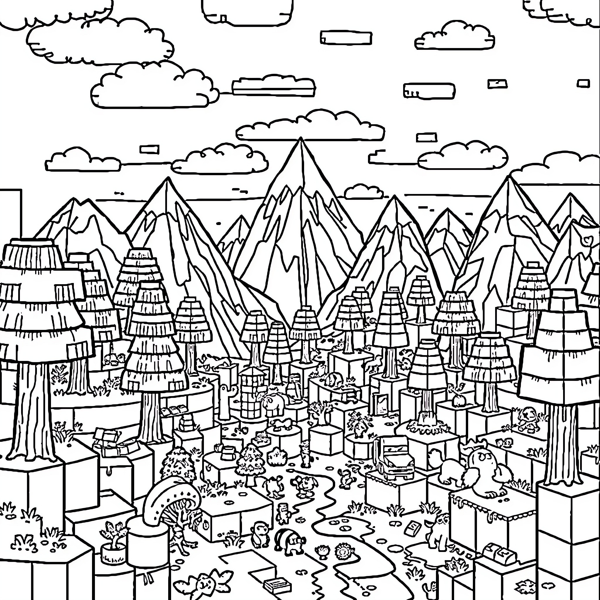 Minecraft Crafty Construction Chaos in the Mountains Coloring Page (free black-and-white line drawing printable PDF for all, from beginners to advanced learners, including children, teens, adults, and seniors)