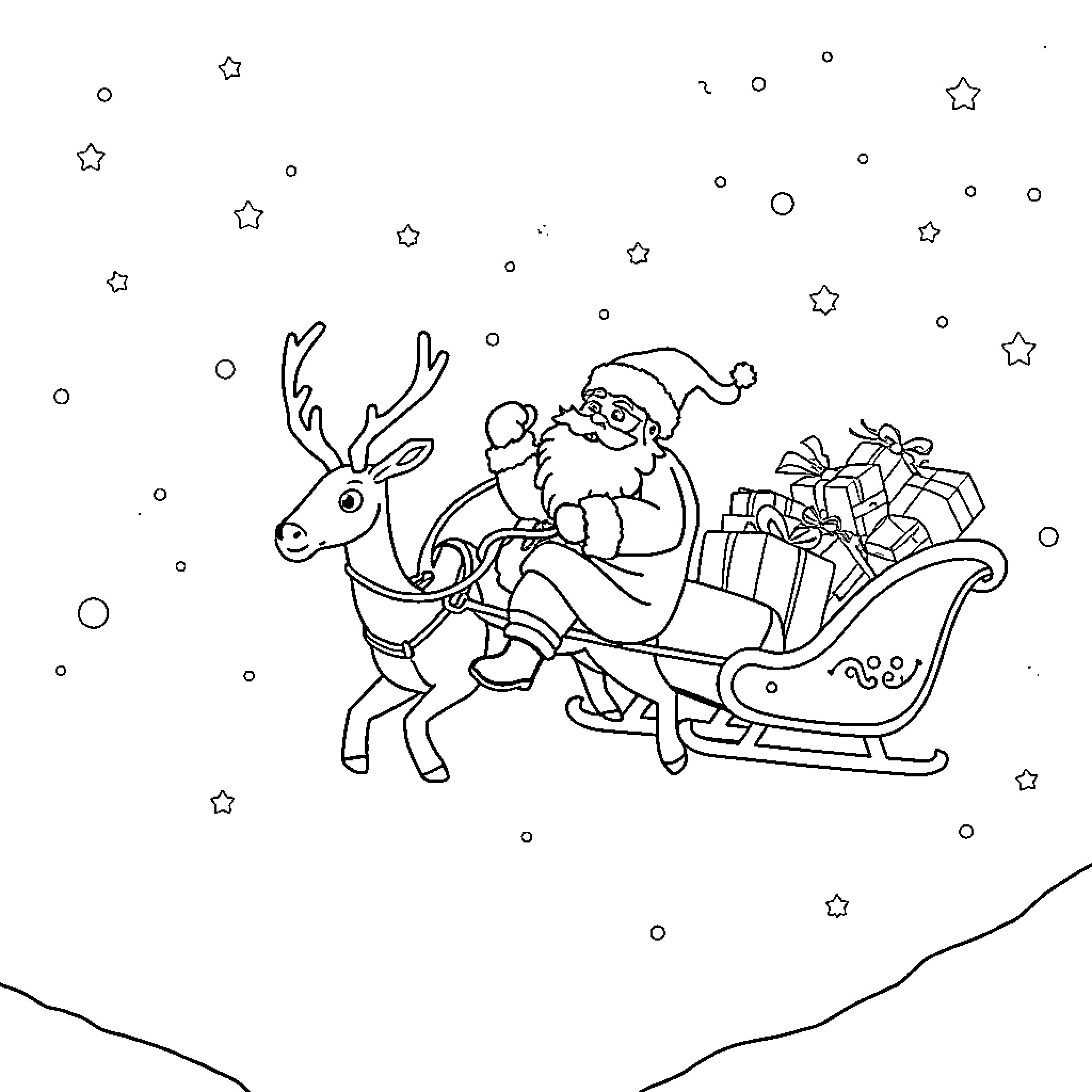 Santa Claus riding a sleigh with reindeer and gifts Coloring Page (free black-and-white line drawing printable PDF for all, from beginners to advanced learners, including children, teens, adults, and seniors)