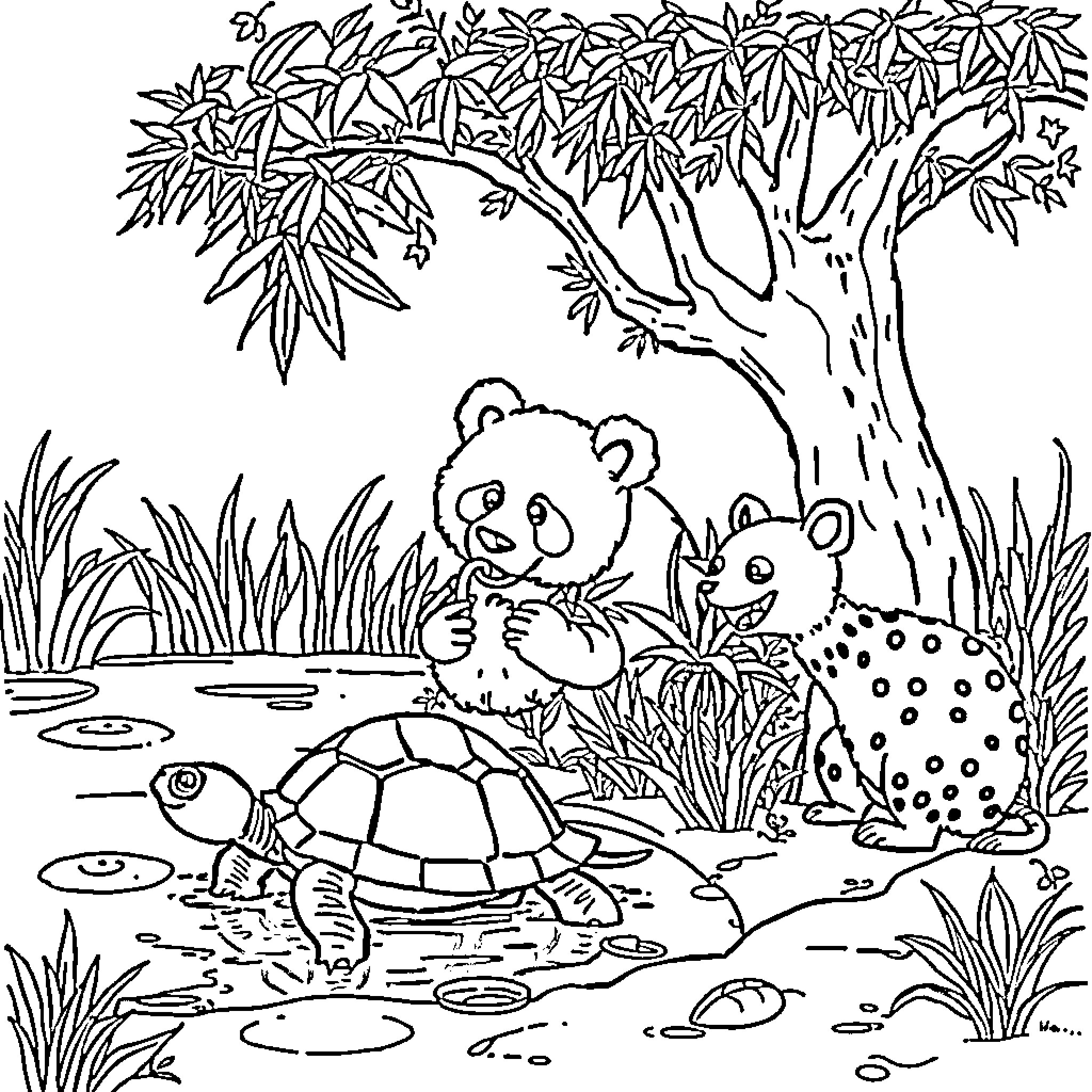 Turtle and Panda in Lush Jungle Habitat Coloring Page (free black-and-white line drawing printable PDF for all, from beginners to advanced learners, including children, teens, adults, and seniors)