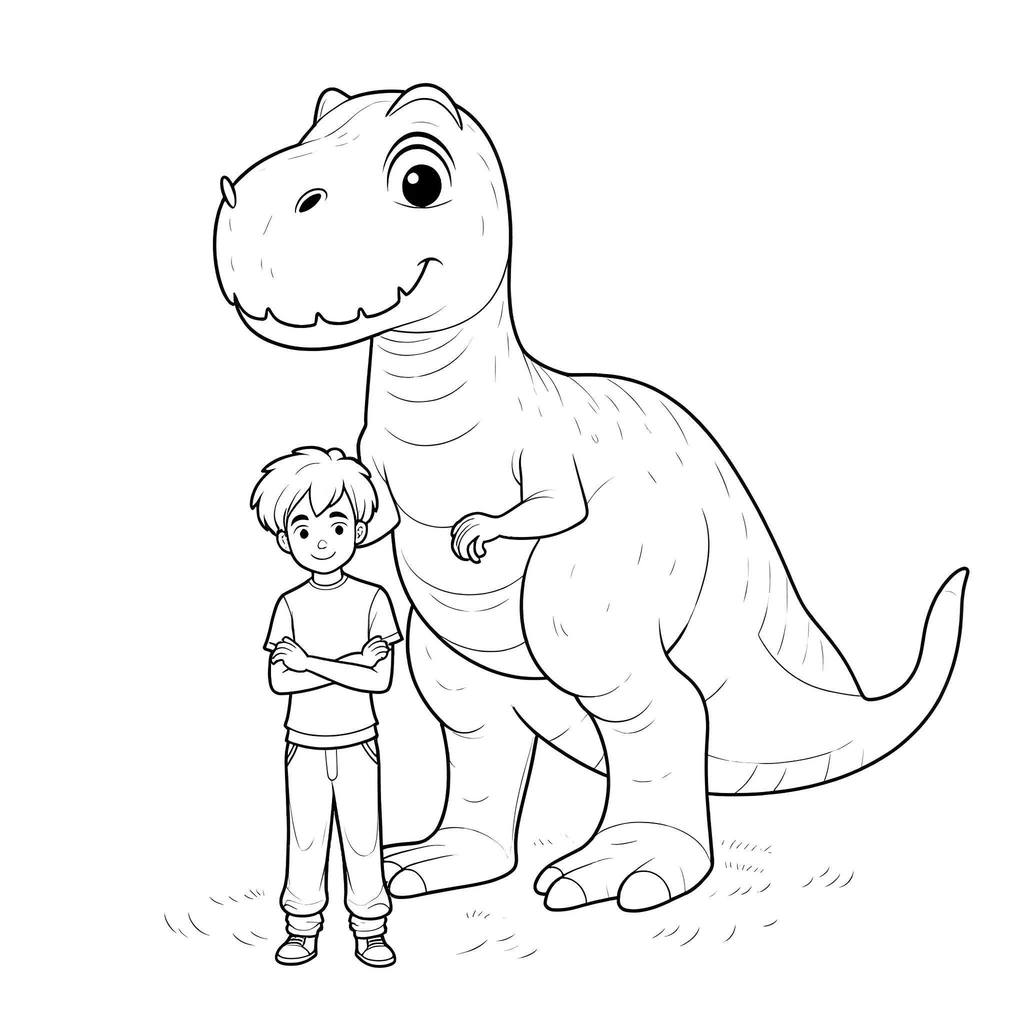 Man standing confidently next to a friendly dinosaur Coloring Page (free black-and-white line drawing printable PDF for all, from beginners to advanced learners, including children, teens, adults, and seniors)