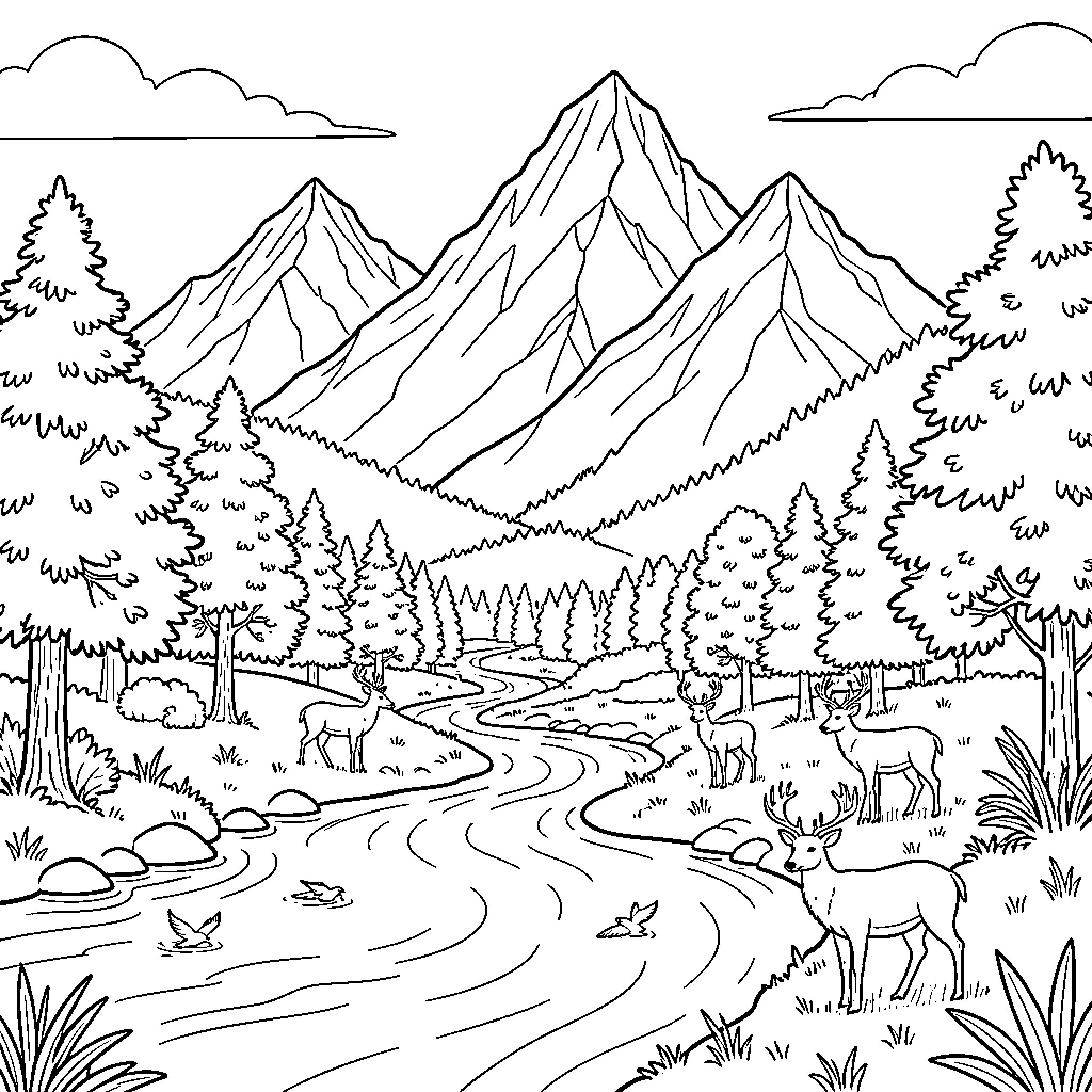 Landscape with mountainous terrain and wildlife Coloring Page (free black-and-white line drawing printable PDF for all, from beginners to advanced learners, including children, teens, adults, and seniors)