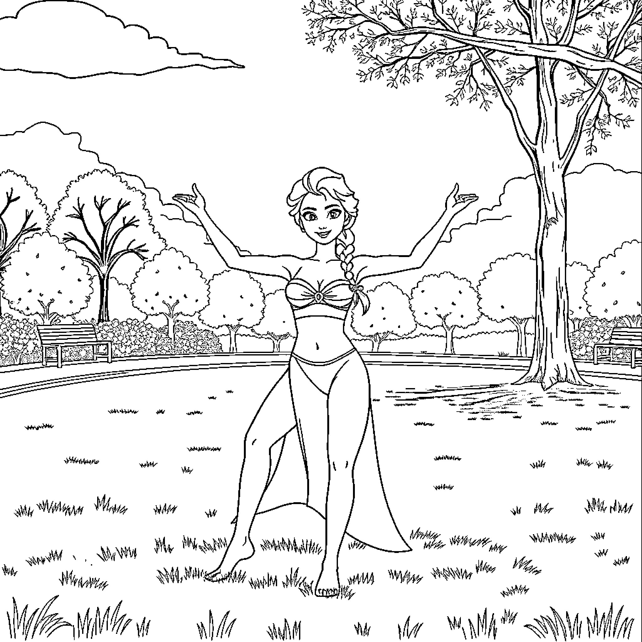 Elsa enjoying the serene nature outdoors Coloring Page (free black-and-white line drawing printable PDF for all, from beginners to advanced learners, including children, teens, adults, and seniors)