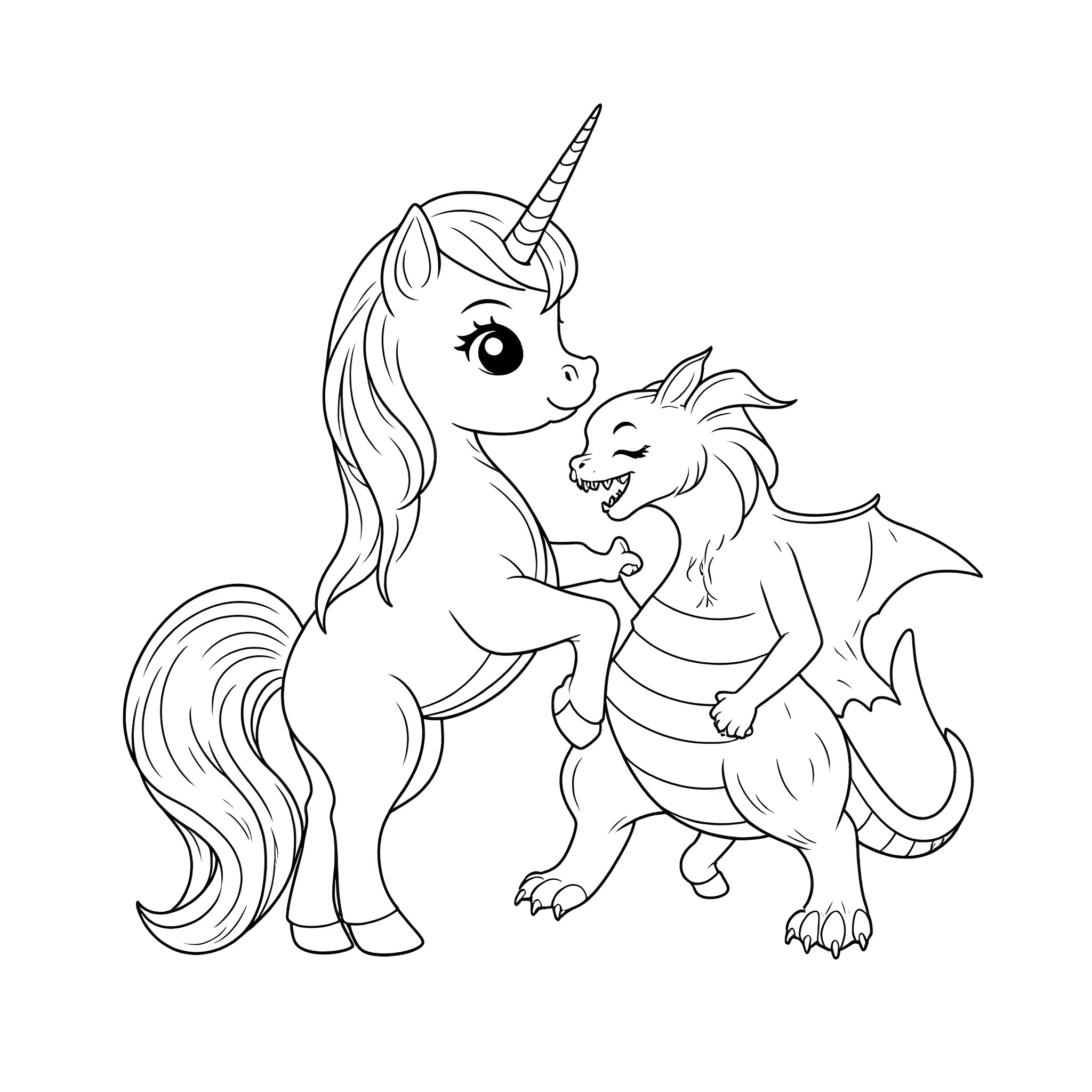 Unicorn playing with dragon friend Coloring Page (free black-and-white line drawing printable PDF for all, from beginners to advanced learners, including children, teens, adults, and seniors)
