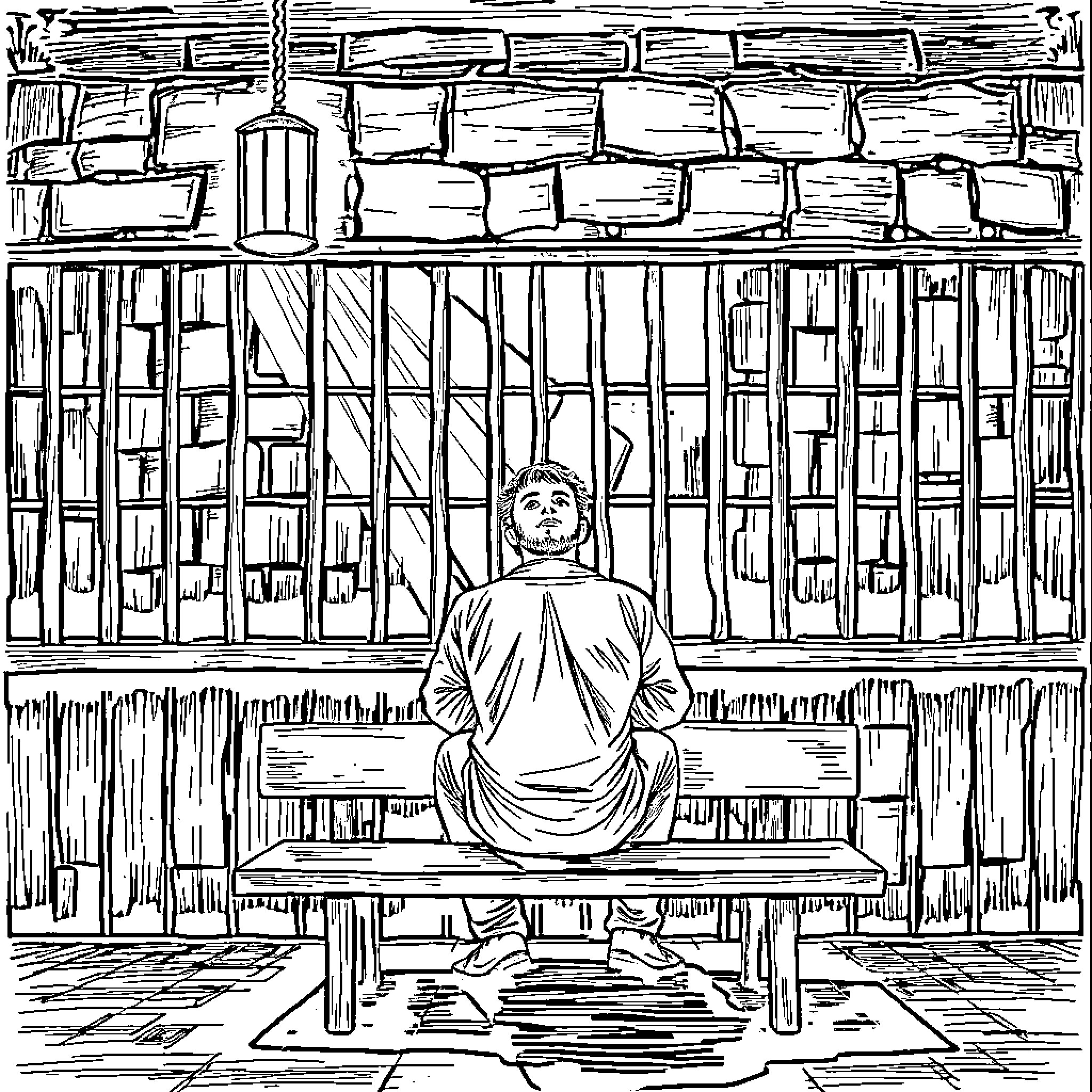 Homme meditating in the library Coloring Page (free black-and-white line drawing printable PDF for all, from beginners to advanced learners, including children, teens, adults, and seniors)