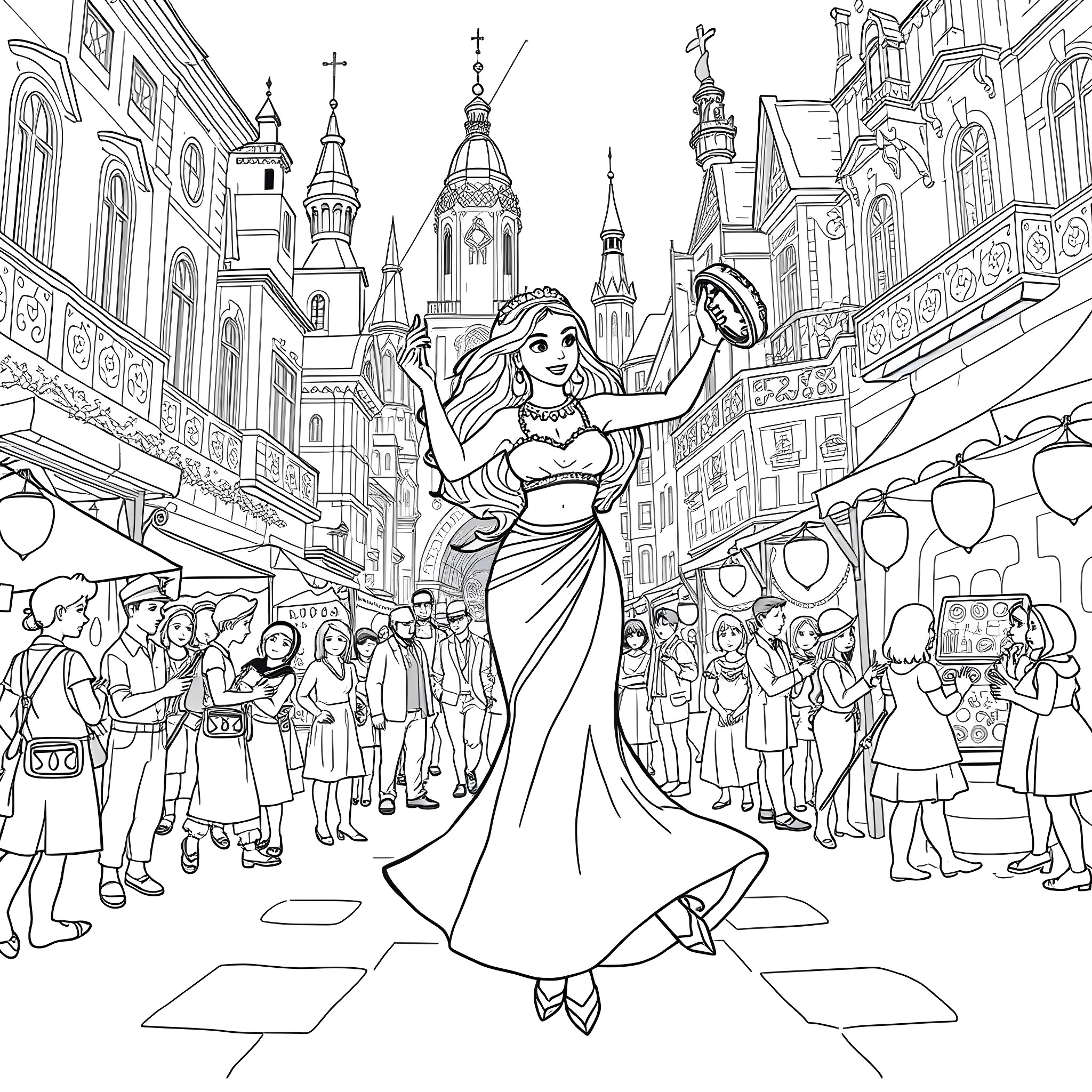 Esmeralda's Vibrant Dance in the Lively City Coloring Page (free black-and-white line drawing printable PDF for all, from beginners to advanced learners, including children, teens, adults, and seniors)