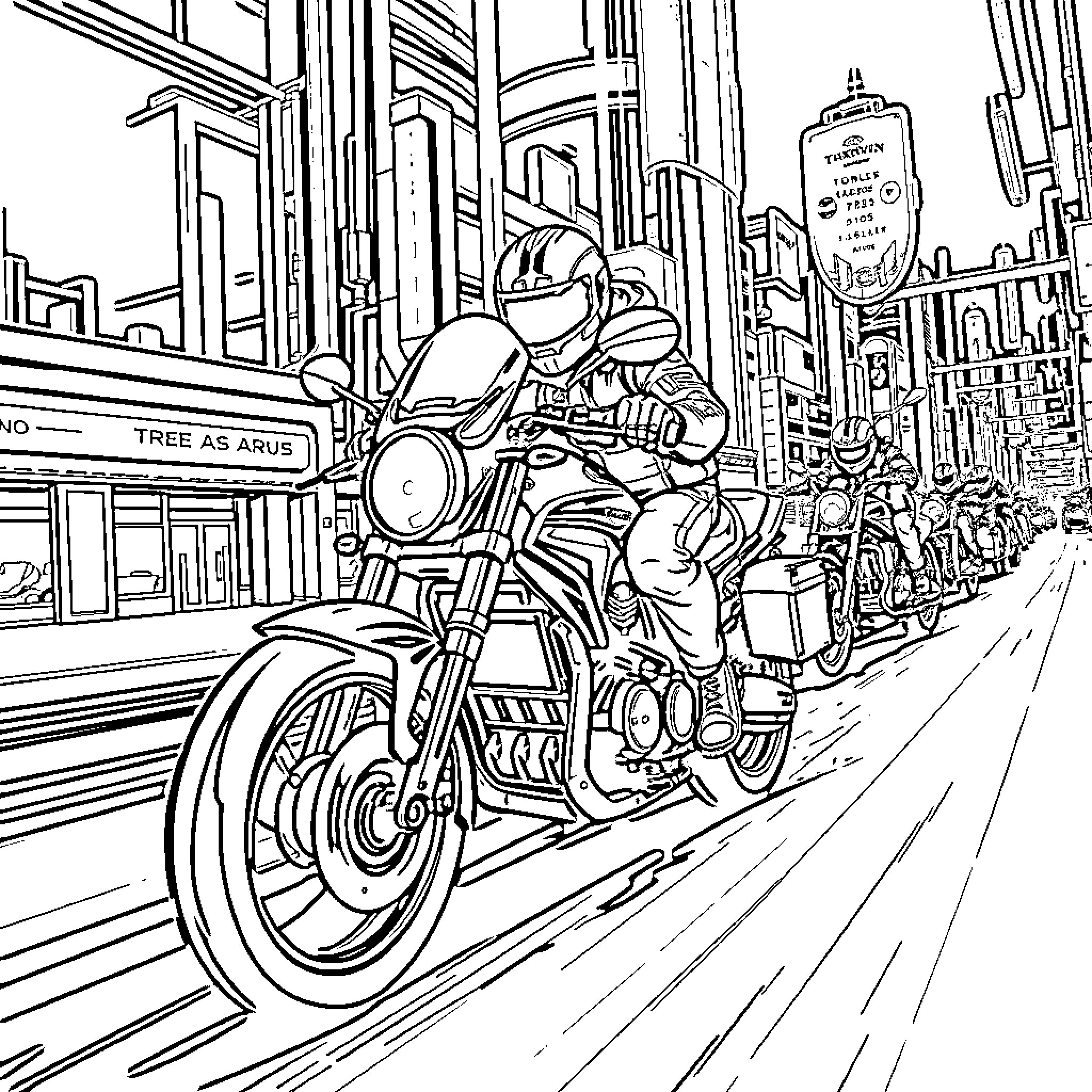 Motorbike cruising through bustling city streets Coloring Page (free black-and-white line drawing printable PDF for all, from beginners to advanced learners, including children, teens, adults, and seniors)