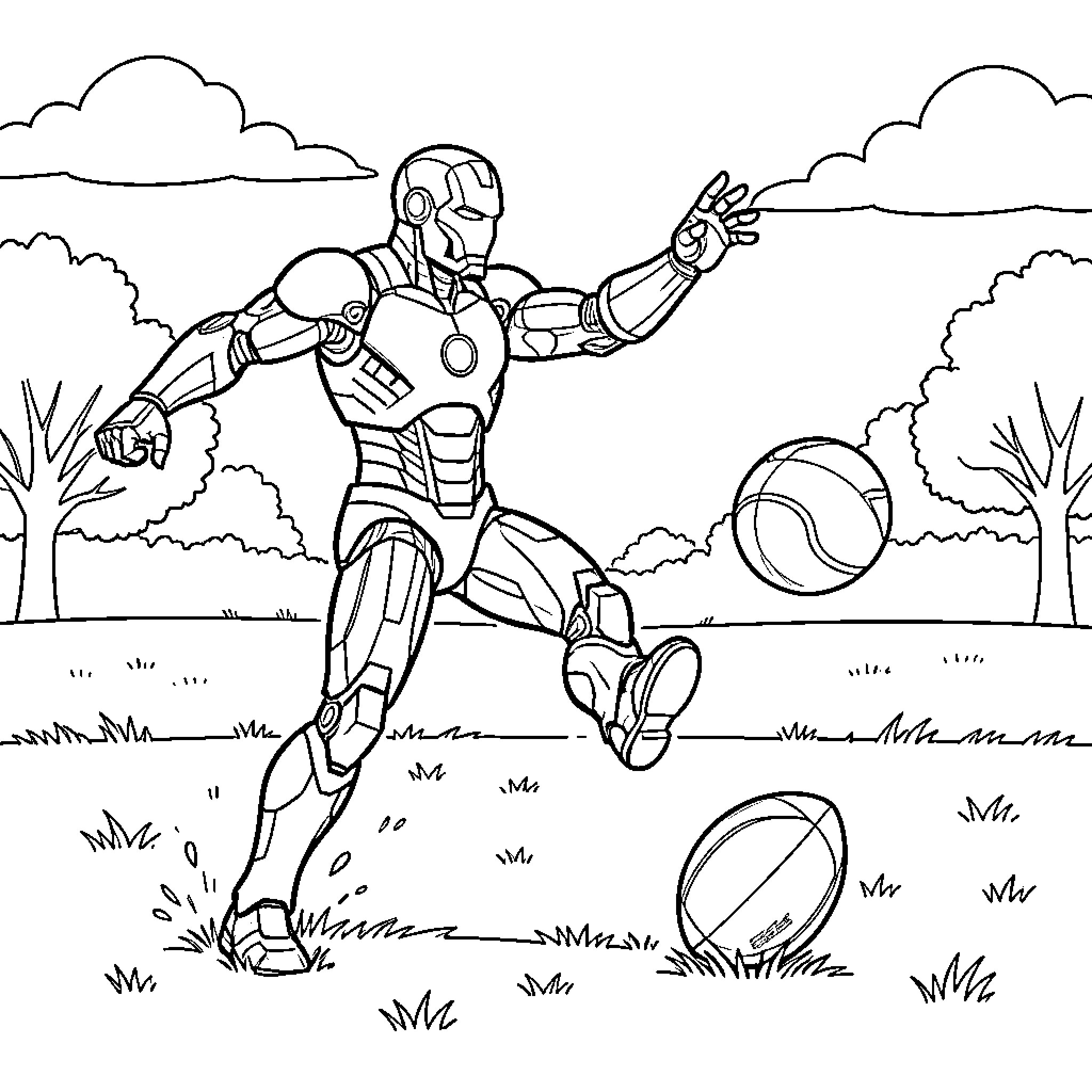 Iron Man kicking a ball in a field Coloring Page (free black-and-white line drawing printable PDF for all, from beginners to advanced learners, including children, teens, adults, and seniors)