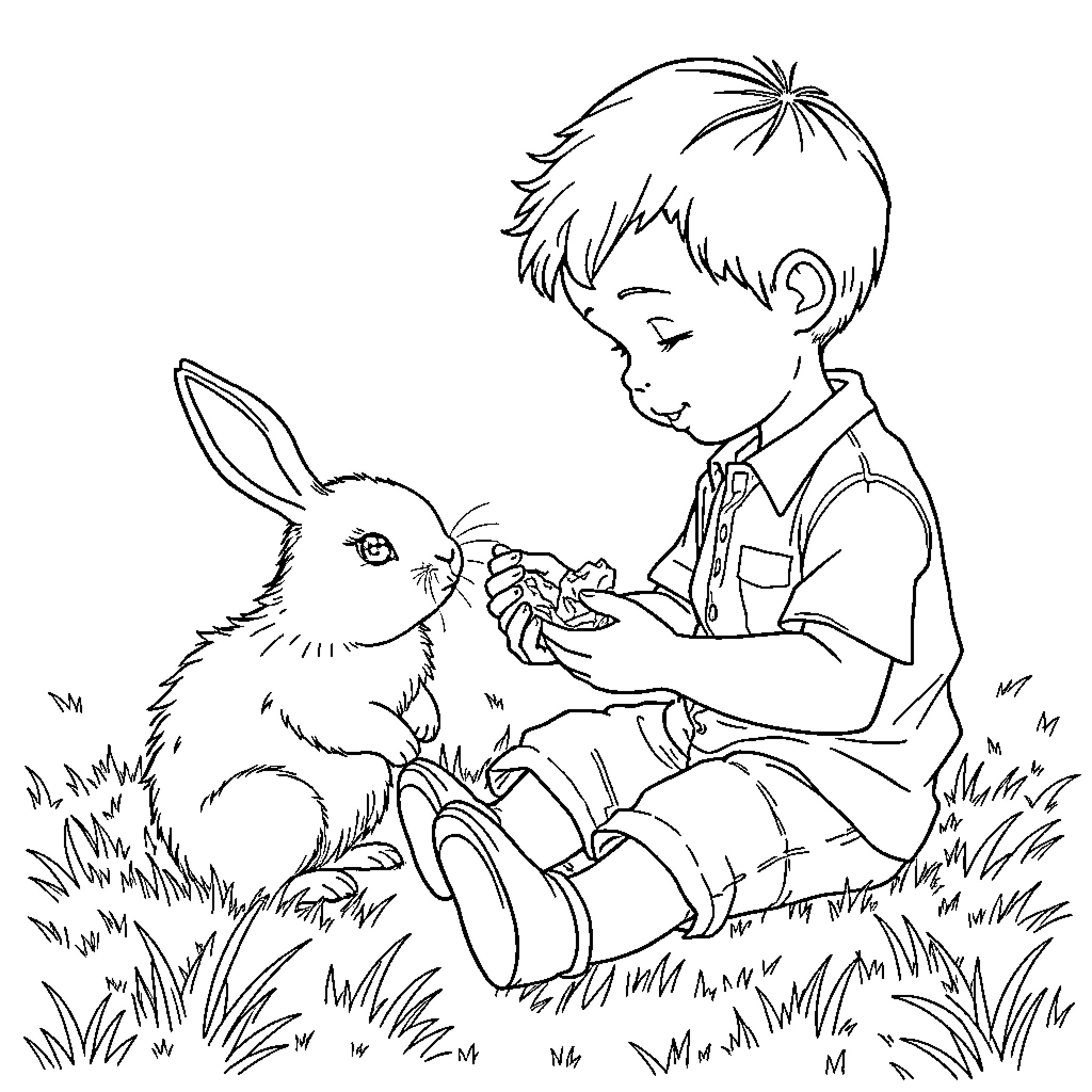 Boy gently petting a fluffy rabbit in the meadow Coloring Page (free black-and-white line drawing printable PDF for all, from beginners to advanced learners, including children, teens, adults, and seniors)