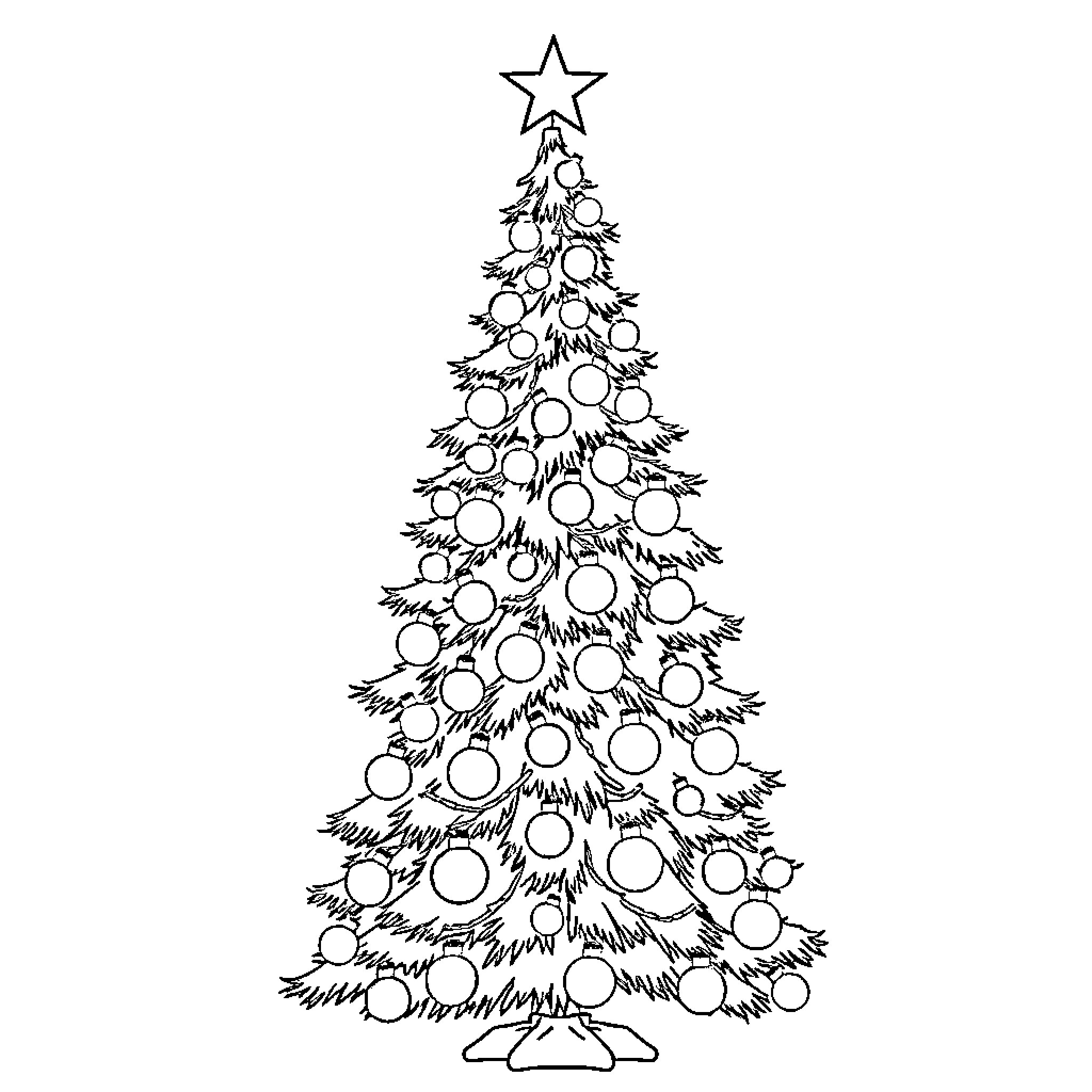 Christmas Tree with Ornaments and Star Coloring Page (free black-and-white line drawing printable PDF for all, from beginners to advanced learners, including children, teens, adults, and seniors)