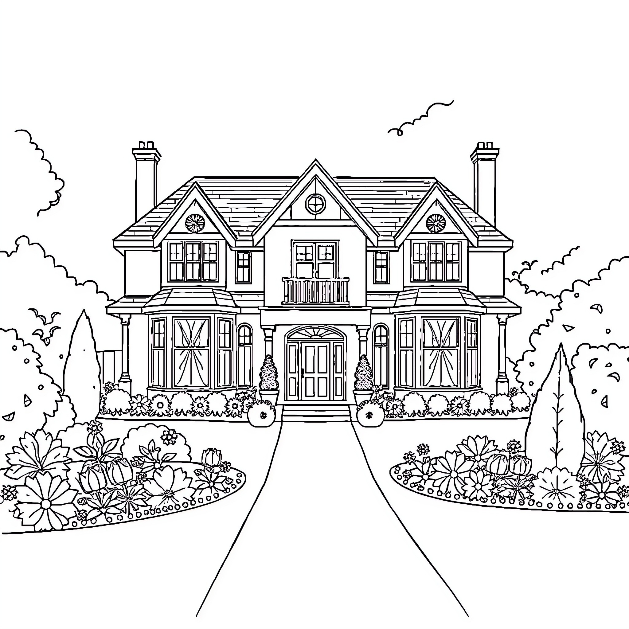 Massa's Whimsical Victorian Cottage Coloring Page (free black-and-white line drawing printable PDF for all, from beginners to advanced learners, including children, teens, adults, and seniors)
