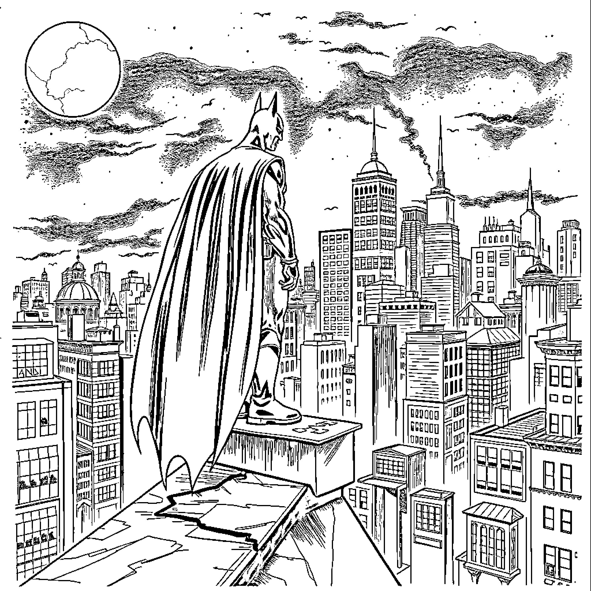 Batman overlooking the dark city skyline Coloring Page (free black-and-white line drawing printable PDF for all, from beginners to advanced learners, including children, teens, adults, and seniors)