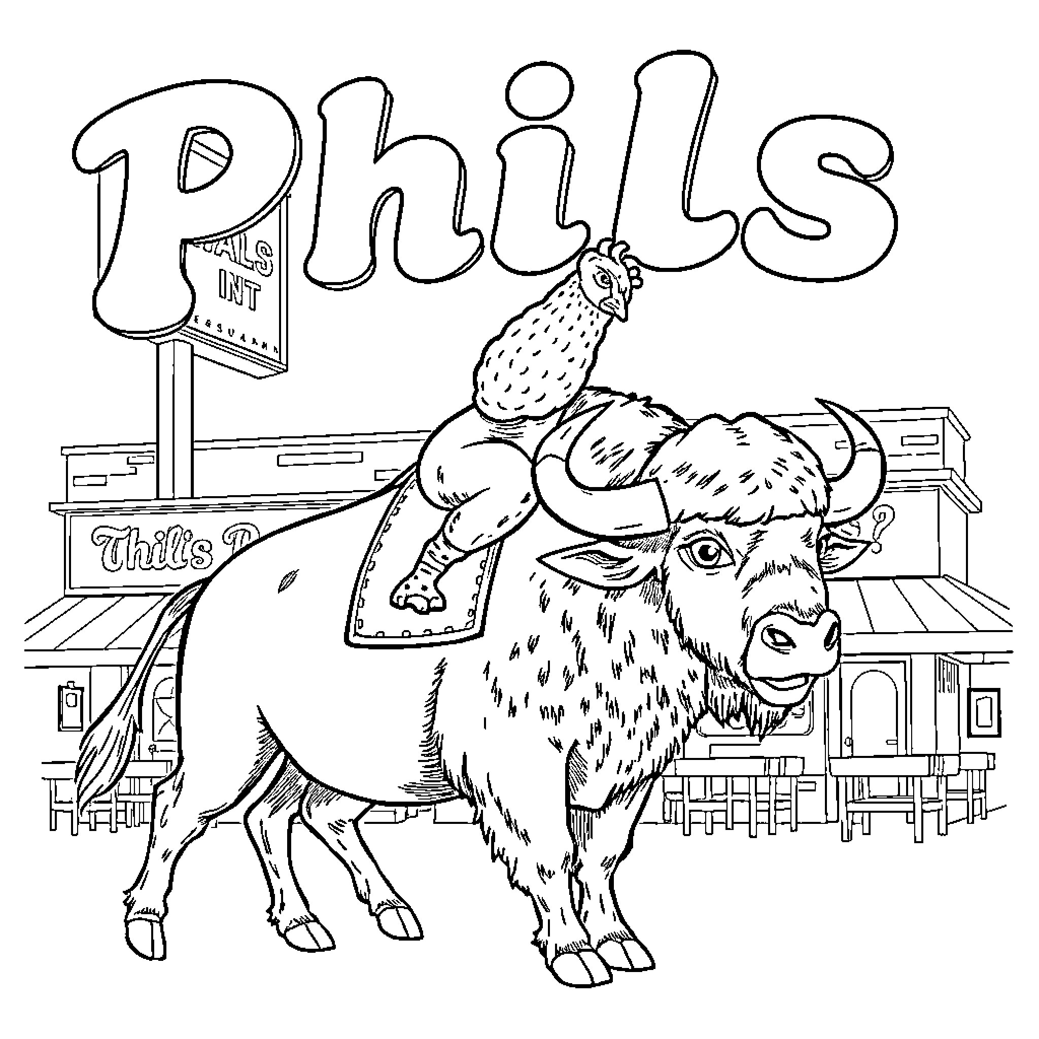 Chicken Wing Riding a Buffalo at a Restaurant Coloring Page (free black-and-white line drawing printable PDF for all, from beginners to advanced learners, including children, teens, adults, and seniors)