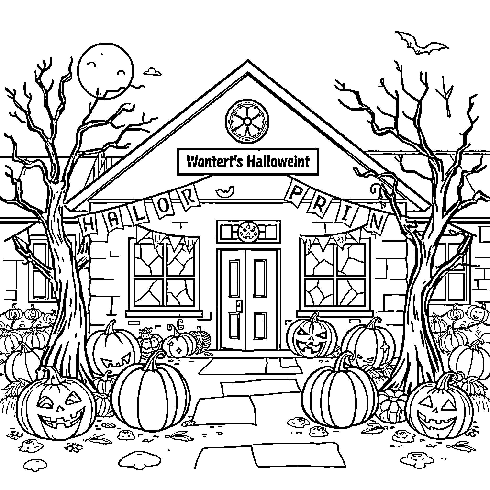 School Halloween Party at the Haunted House Coloring Page (free black-and-white line drawing printable PDF for all, from beginners to advanced learners, including children, teens, adults, and seniors)