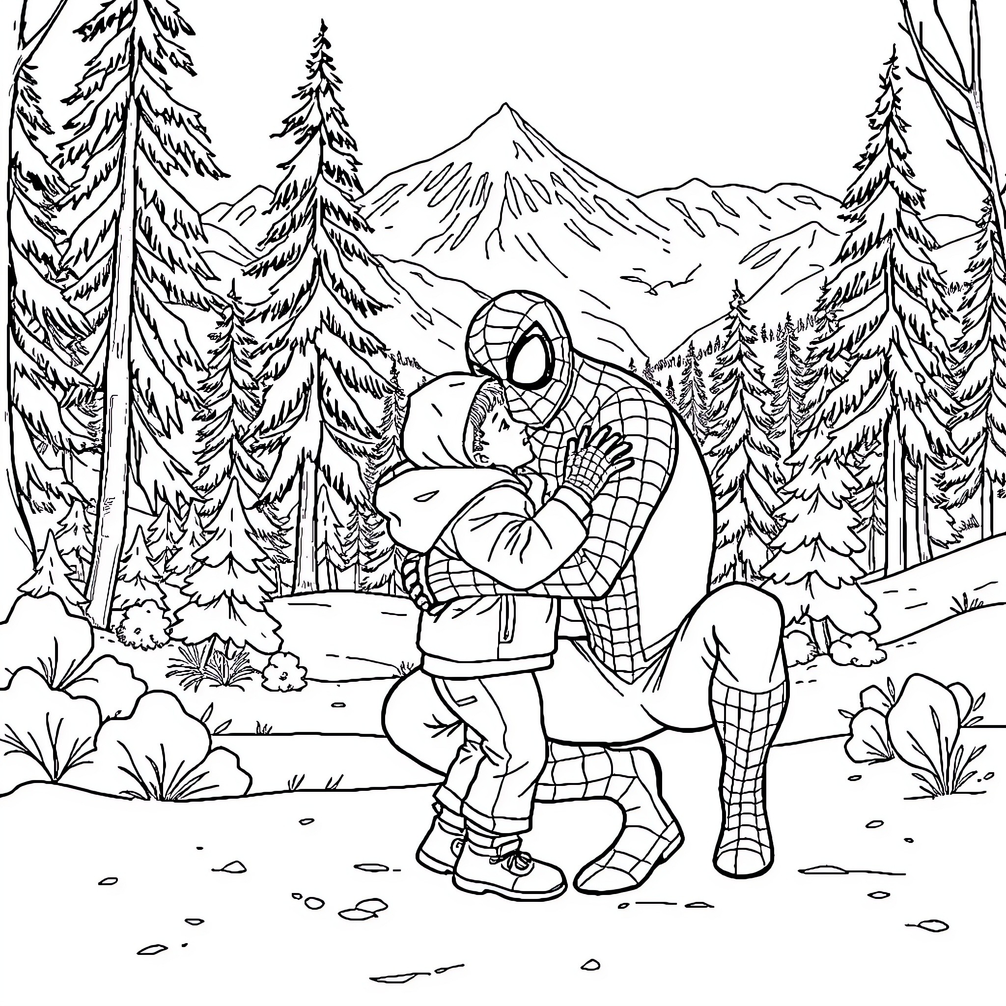 Spiderman exploring the snowy mountain landscape Coloring Page (free black-and-white line drawing printable PDF for all, from beginners to advanced learners, including children, teens, adults, and seniors)