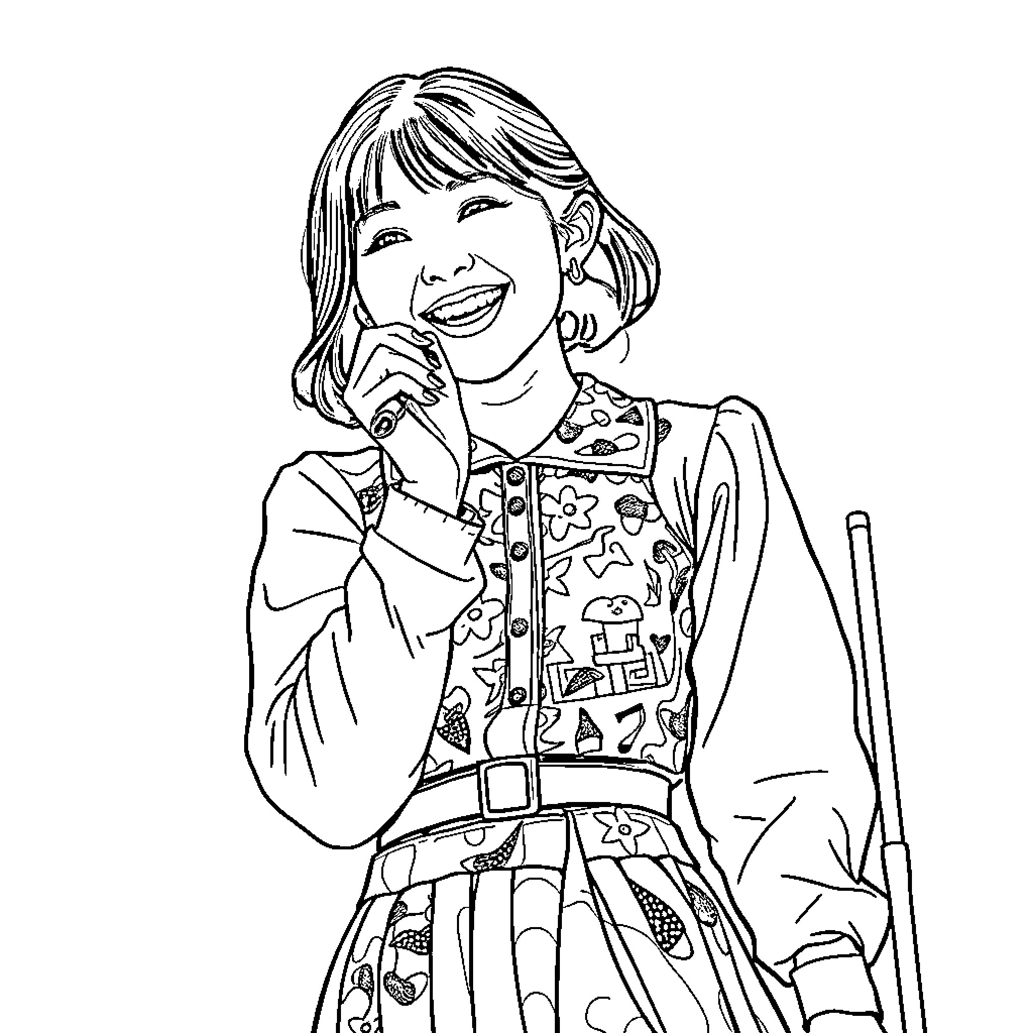 Nayeon's Cheerful Expression and Patterned Outfit Coloring Page (free black-and-white line drawing printable PDF for all, from beginners to advanced learners, including children, teens, adults, and seniors)