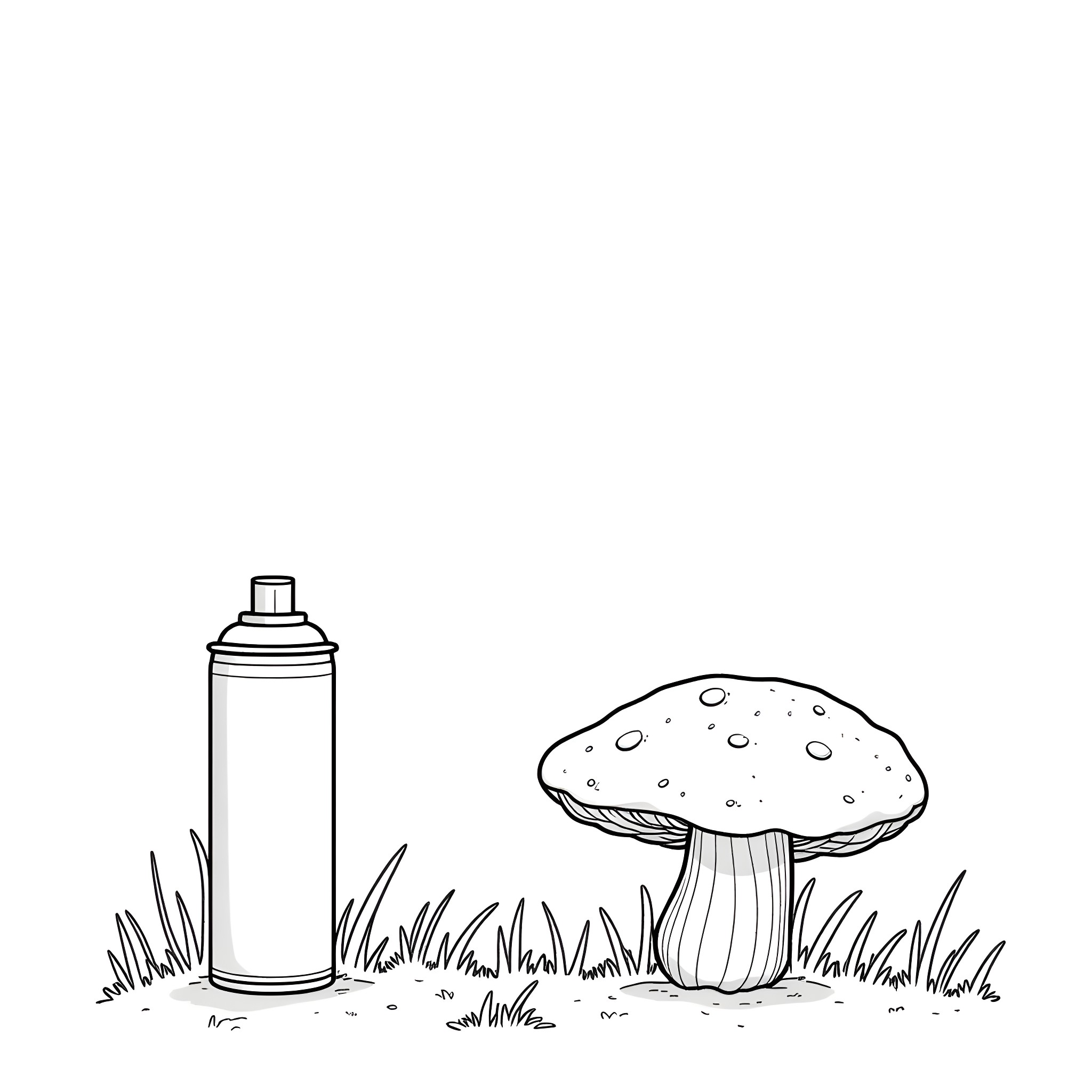 Spray Can and Mushroom in the Grass Coloring Page (free black-and-white line drawing printable PDF for all, from beginners to advanced learners, including children, teens, adults, and seniors)