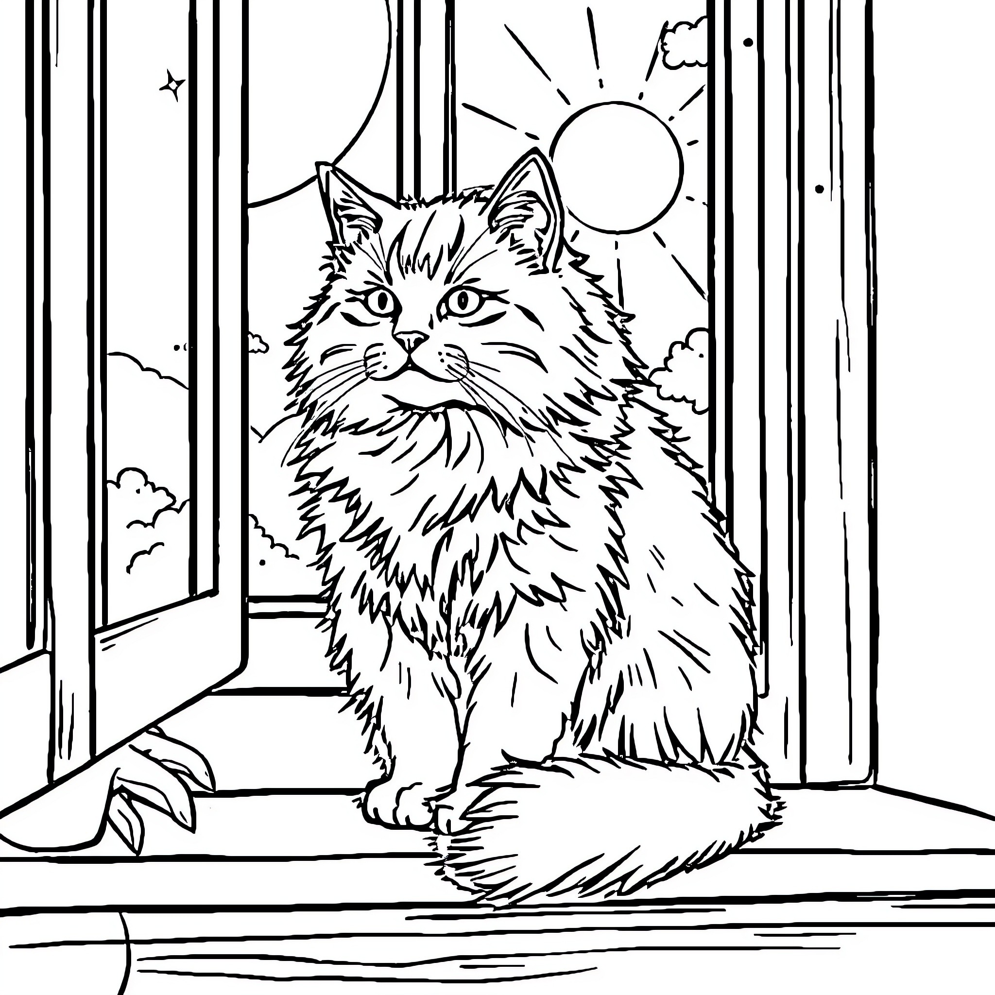 Cat gazing out the window on a sunny day Coloring Page (free black-and-white line drawing printable PDF for all, from beginners to advanced learners, including children, teens, adults, and seniors)