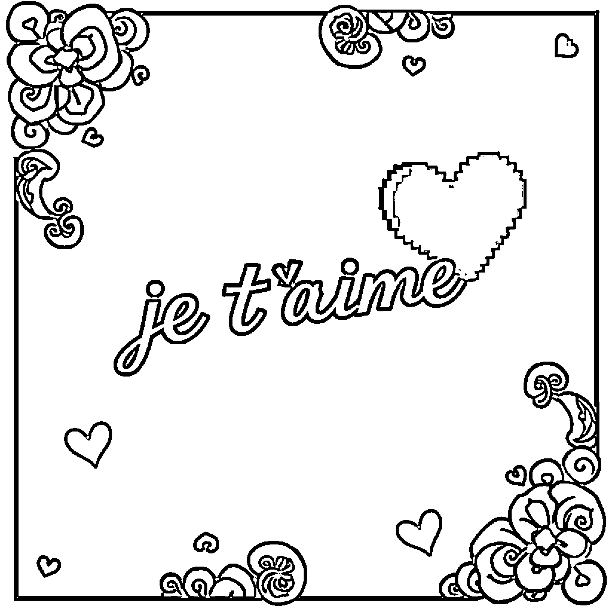 Heart-shaped message with floral motifs Coloring Page (free black-and-white line drawing printable PDF for all, from beginners to advanced learners, including children, teens, adults, and seniors)