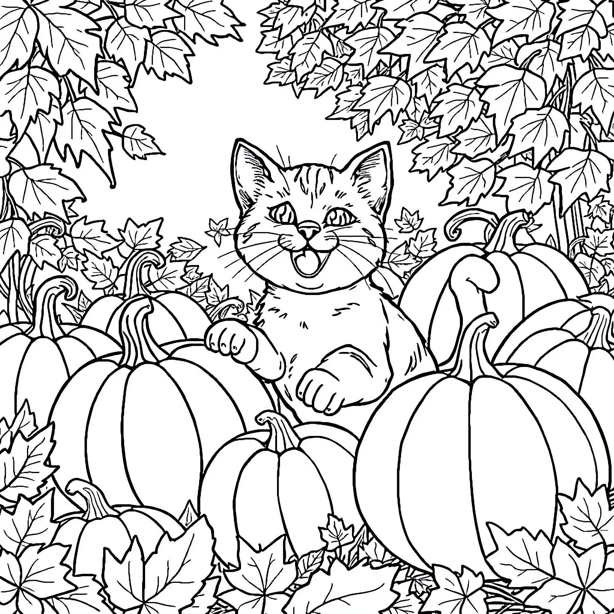 Cat surrounded by autumn leaves and pumpkins Coloring Page (free black-and-white line drawing printable PDF for all, from beginners to advanced learners, including children, teens, adults, and seniors)