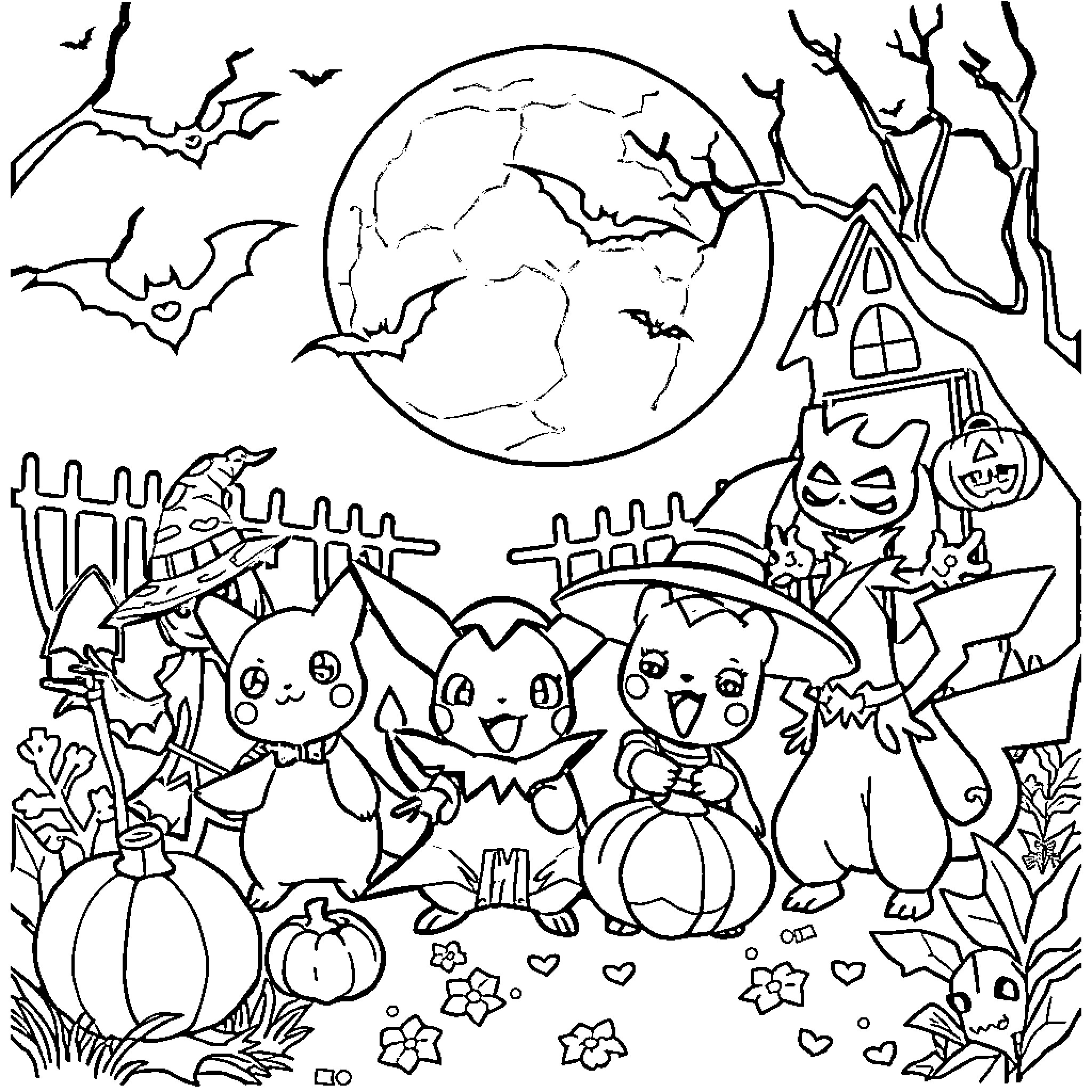 Pokémon Celebrate Spooky Halloween with Festive Decorations Coloring Page (free black-and-white line drawing printable PDF for all, from beginners to advanced learners, including children, teens, adults, and seniors)