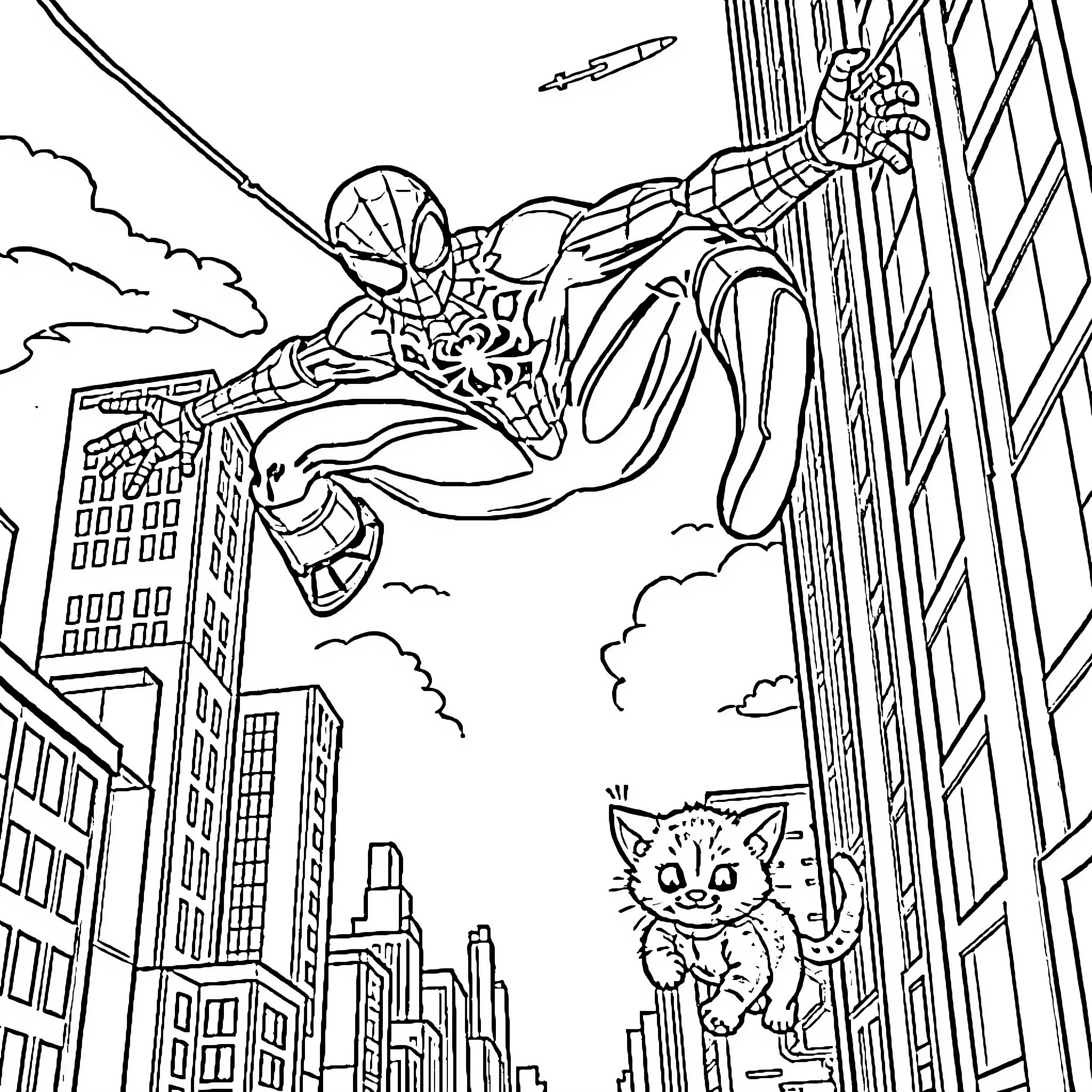 Spiderman swinging through the city with a cat Coloring Page (free black-and-white line drawing printable PDF for all, from beginners to advanced learners, including children, teens, adults, and seniors)