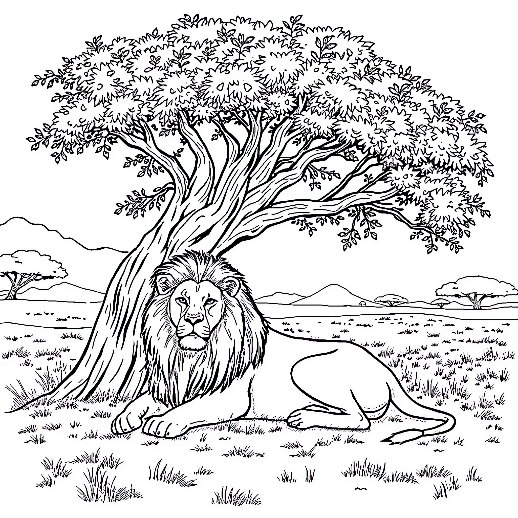 Lion resting majestically under a grand tree Coloring Page (free black-and-white line drawing printable PDF for all, from beginners to advanced learners, including children, teens, adults, and seniors)