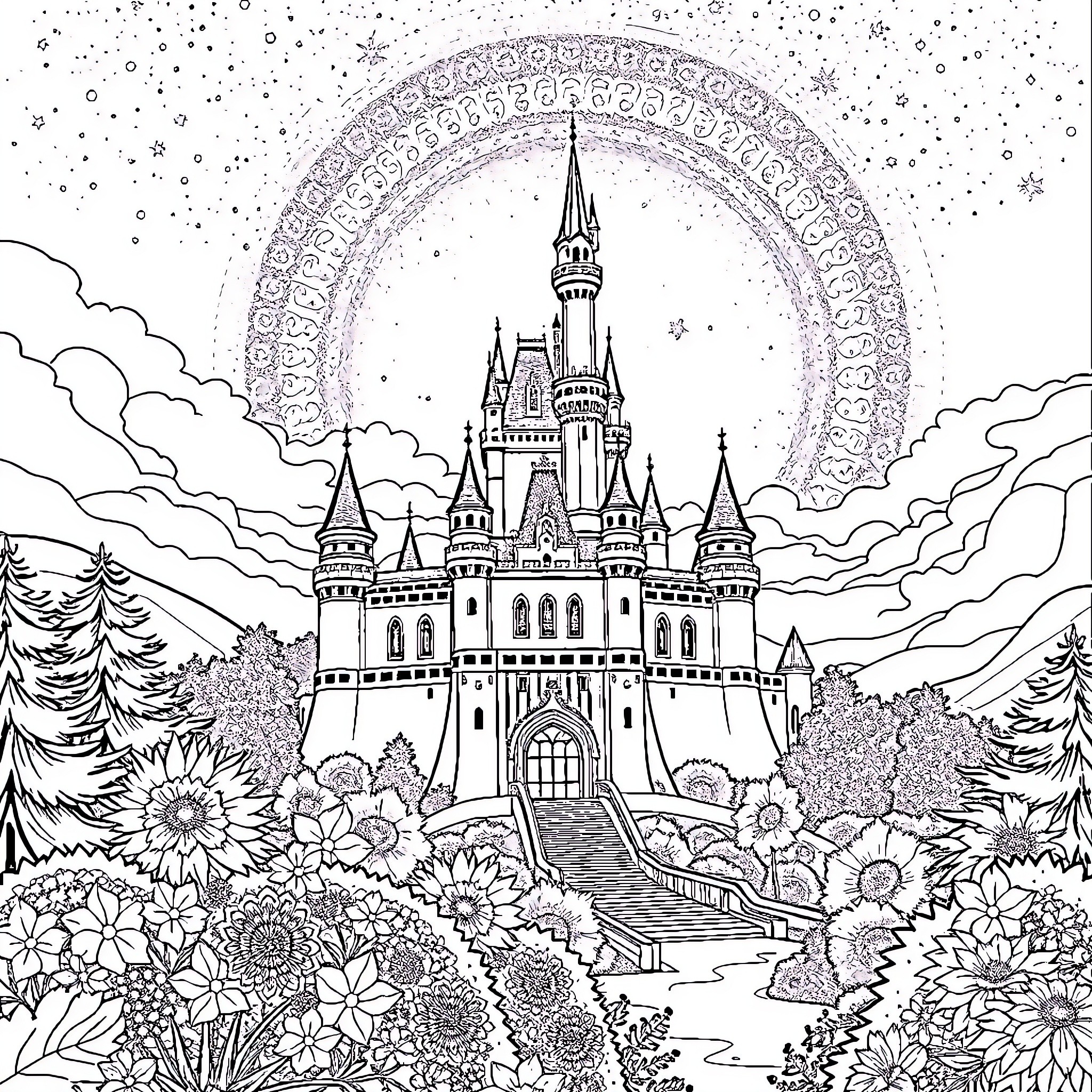 Unicorn Castle surrounded by enchanting flora Coloring Page (free black-and-white line drawing printable PDF for all, from beginners to advanced learners, including children, teens, adults, and seniors)