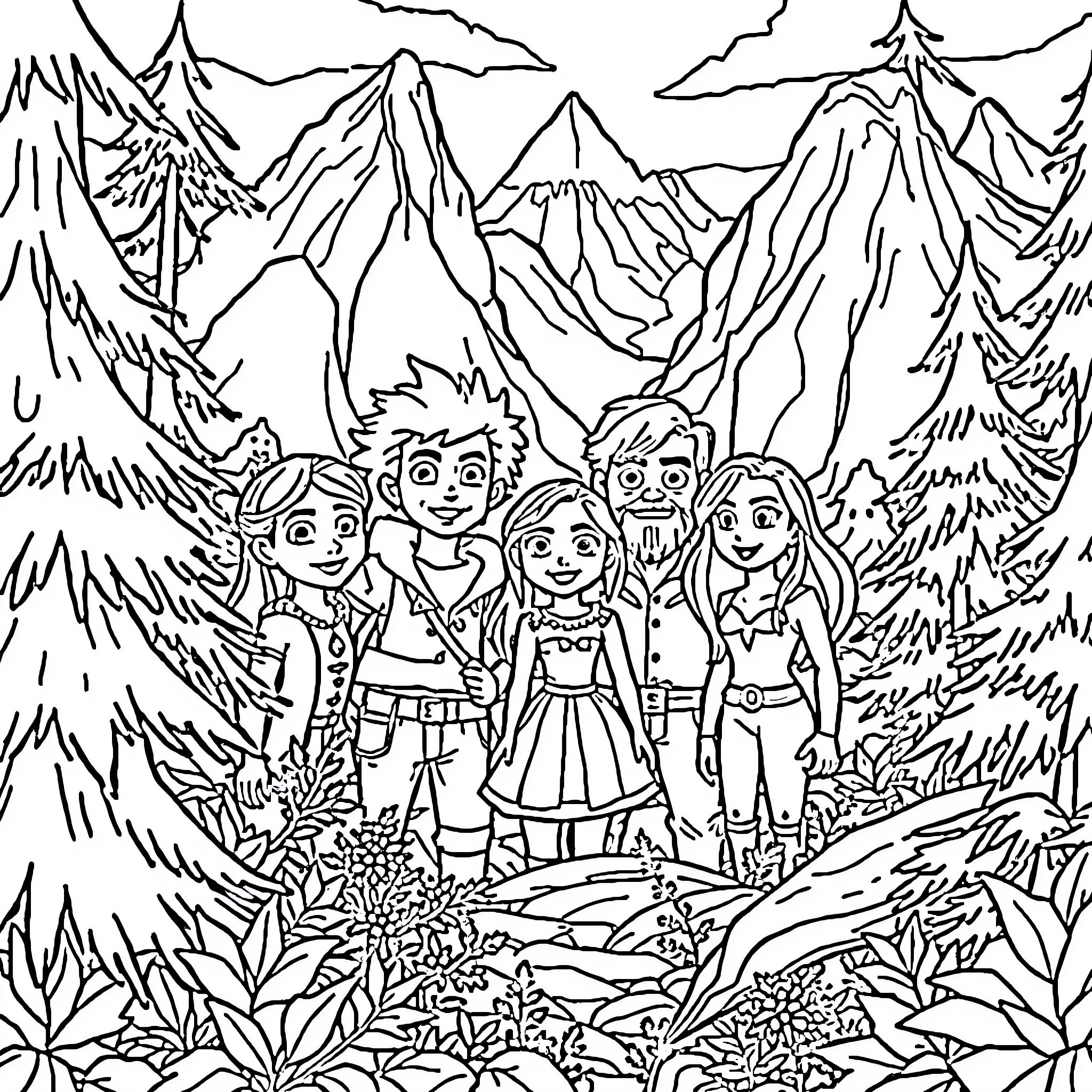 Personajes explorando la naturaleza montañosa Coloring Page (free black-and-white line drawing printable PDF for all, from beginners to advanced learners, including children, teens, adults, and seniors)