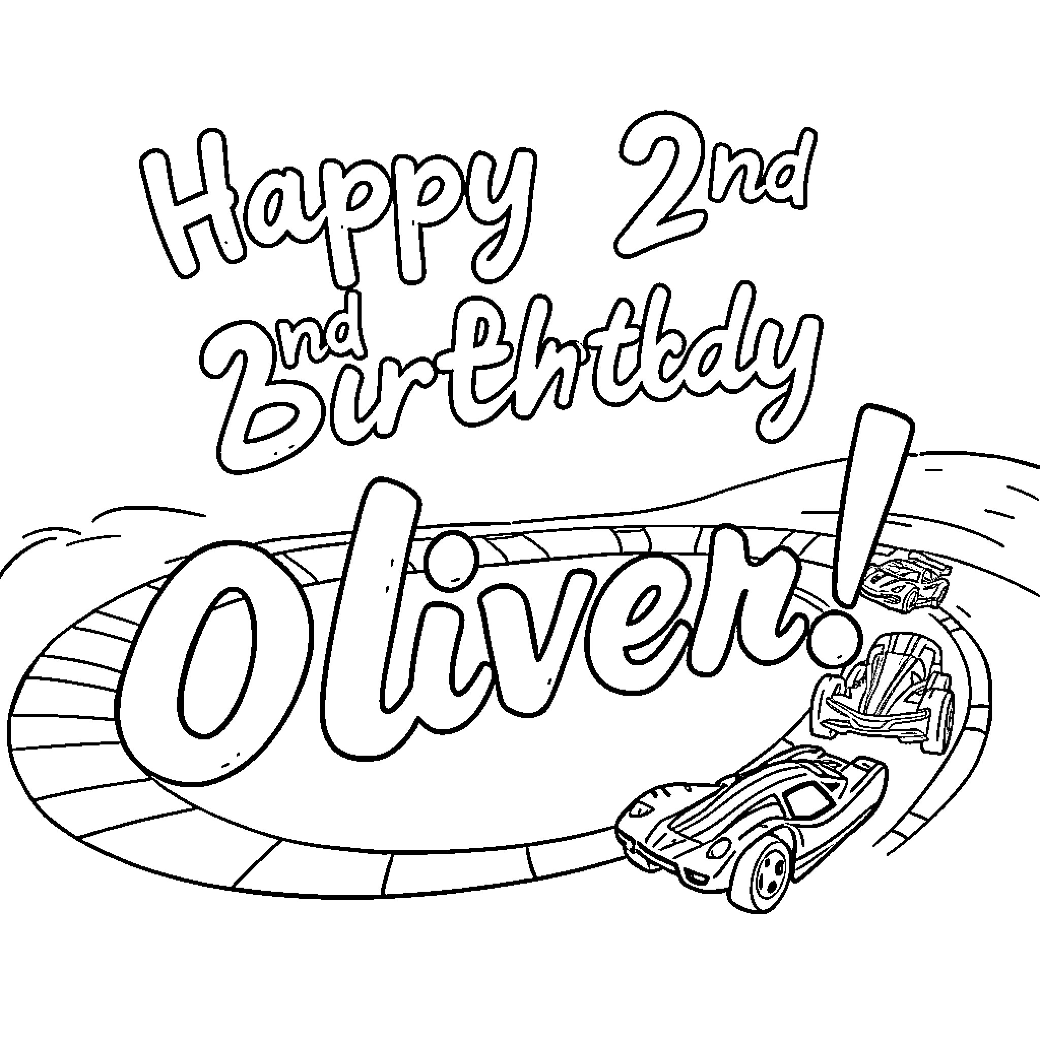 Hot Wheels Happy 2nd Birthday Olivert Coloring Page (free black-and-white line drawing printable PDF for all, from beginners to advanced learners, including children, teens, adults, and seniors)