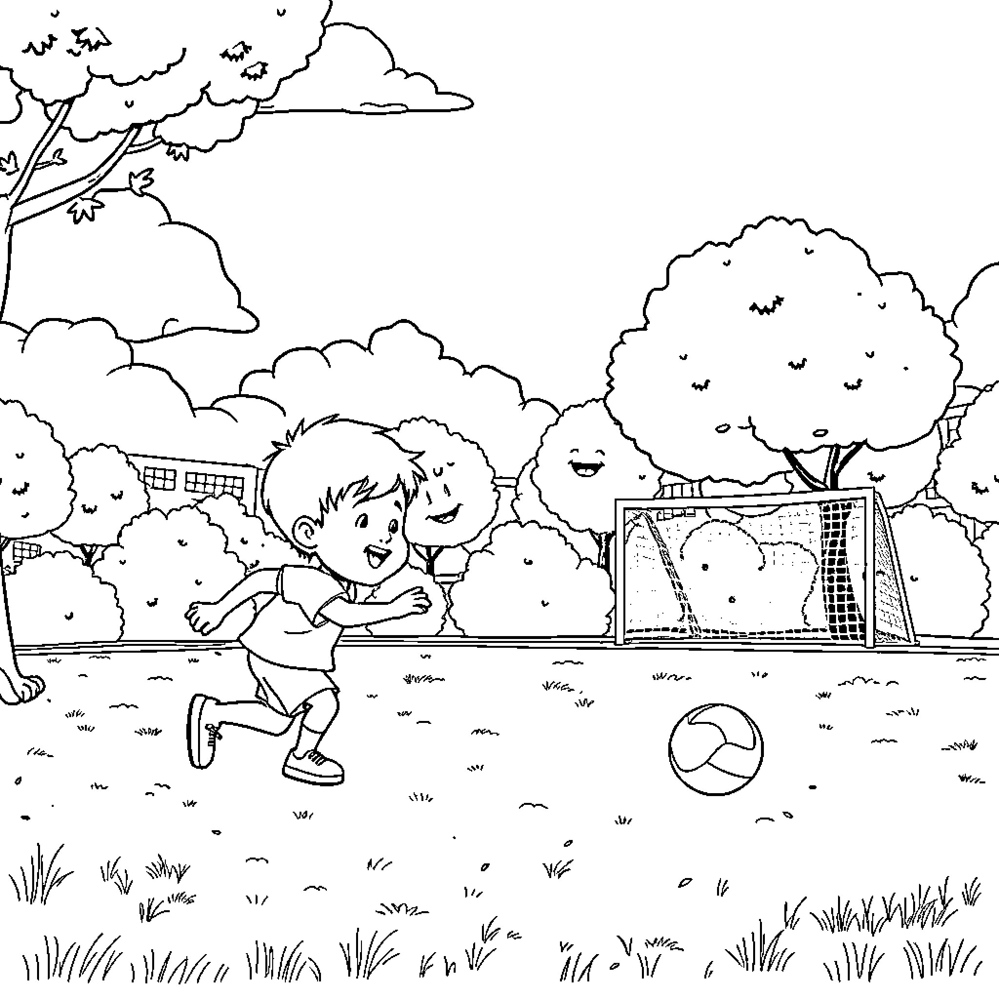 Pocoyo playing with friends on a sunny day Coloring Page (free black-and-white line drawing printable PDF for all, from beginners to advanced learners, including children, teens, adults, and seniors)