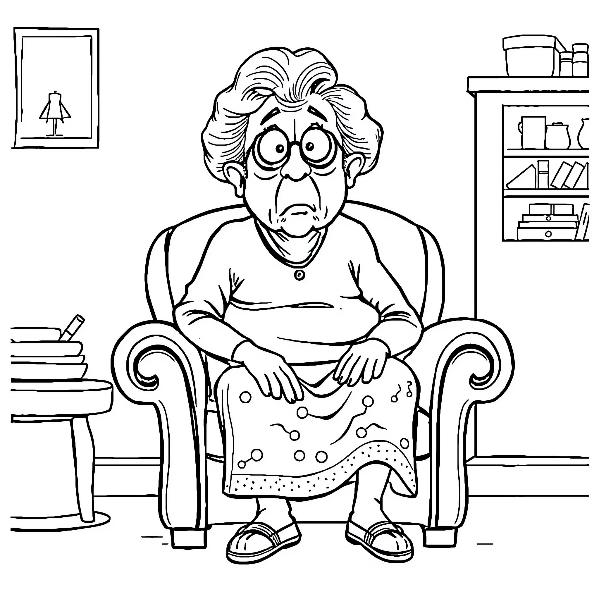 Grandma looking grumpy in her armchair Coloring Page (free black-and-white line drawing printable PDF for all, from beginners to advanced learners, including children, teens, adults, and seniors)