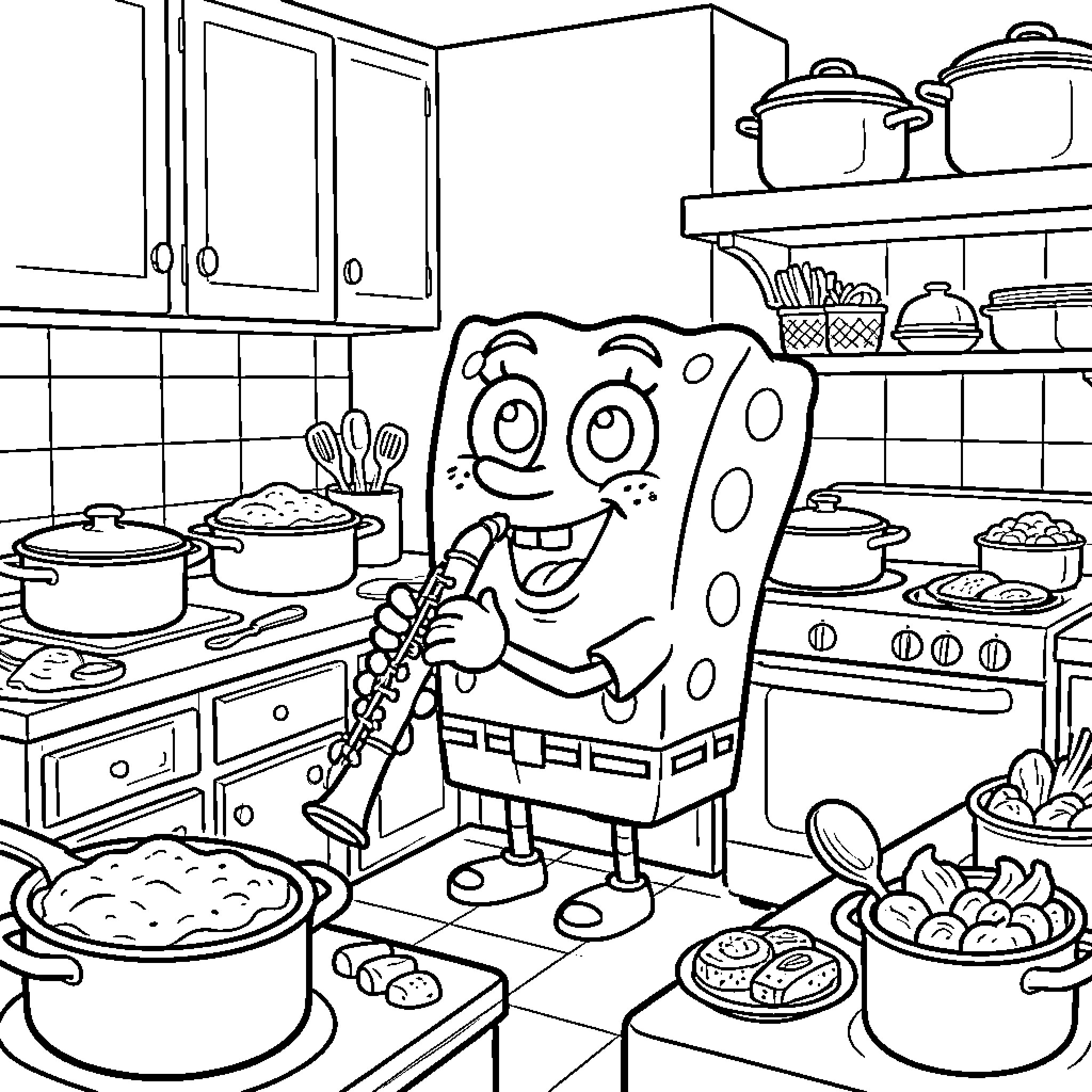 Bob l'éponge playing a musical instrument in the kitchen Coloring Page (free black-and-white line drawing printable PDF for all, from beginners to advanced learners, including children, teens, adults, and seniors)