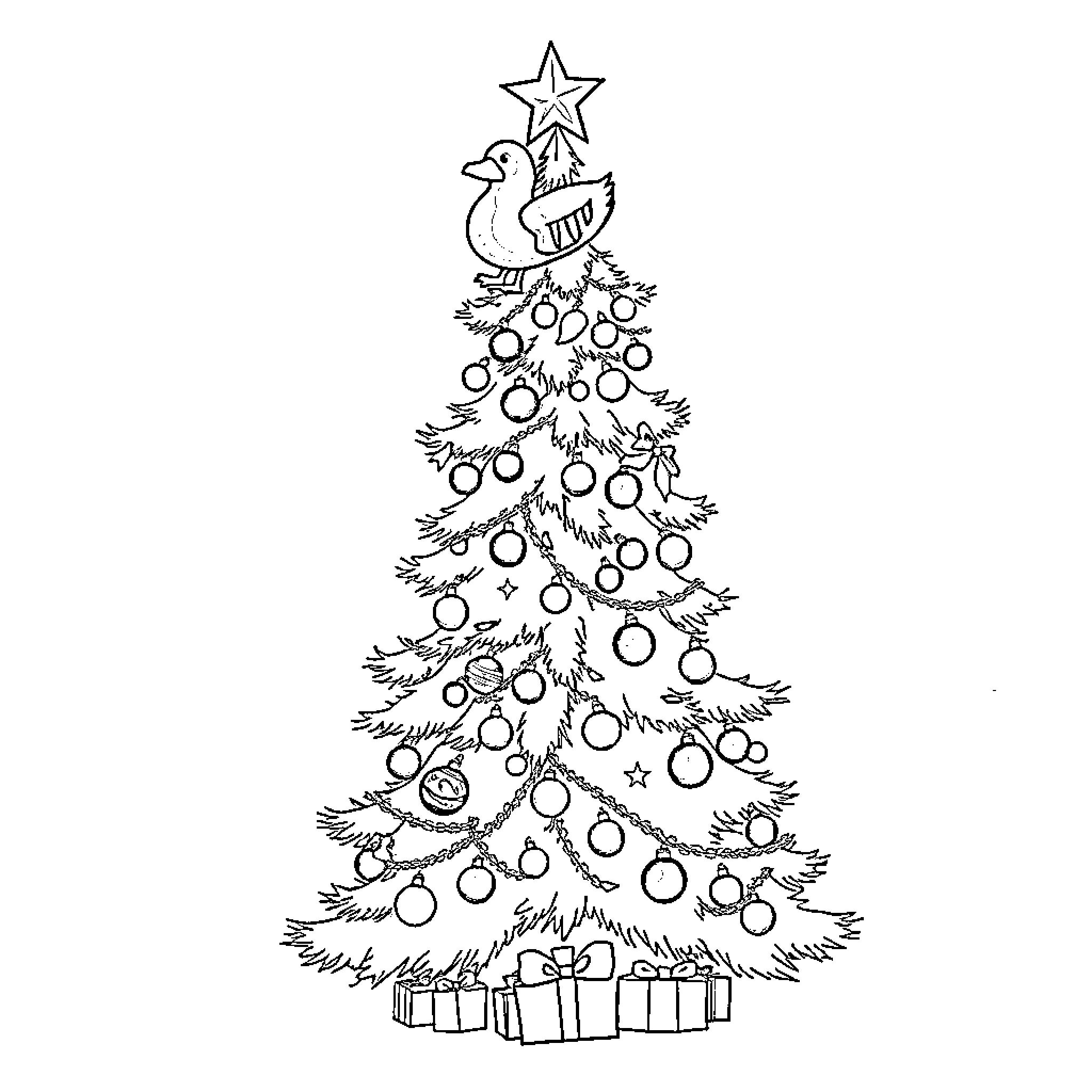 Christmas Tree Decorated with Ornaments and a Star Coloring Page (free black-and-white line drawing printable PDF for all, from beginners to advanced learners, including children, teens, adults, and seniors)