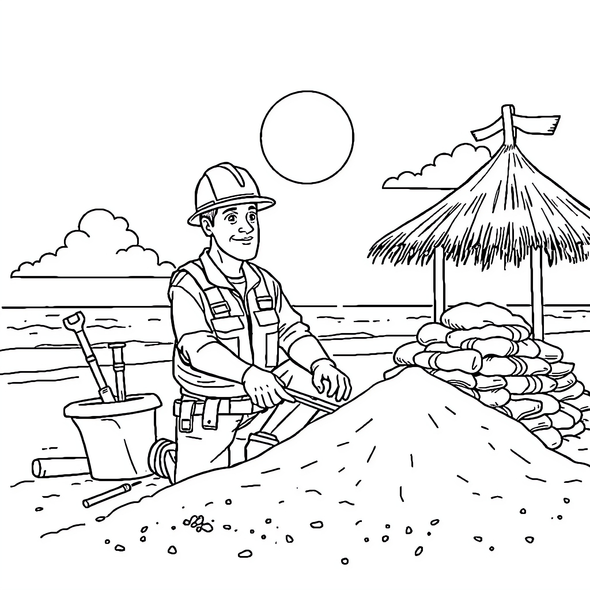 Construction Worker Resting by the Beach Coloring Page (free black-and-white line drawing printable PDF for all, from beginners to advanced learners, including children, teens, adults, and seniors)