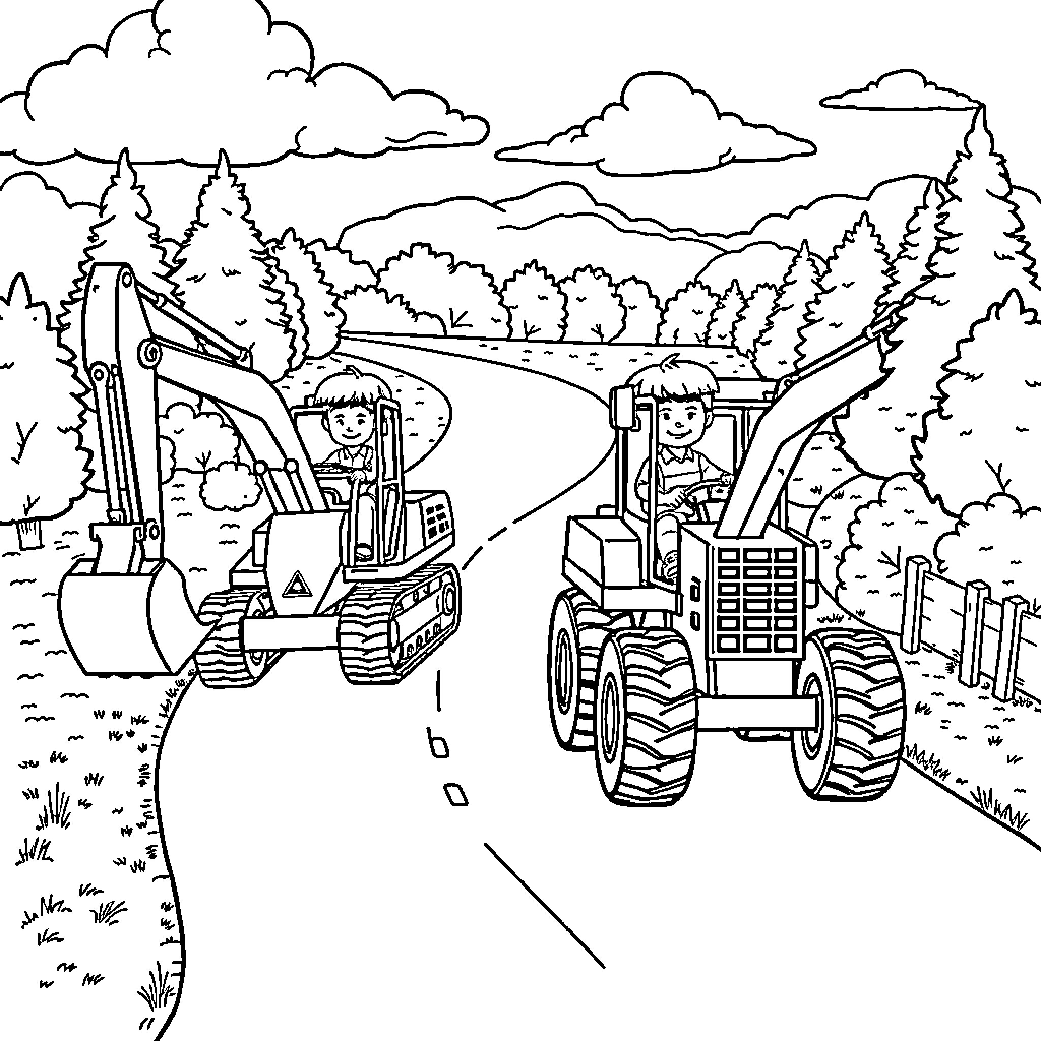 Boy operating construction equipment in nature Coloring Page (free black-and-white line drawing printable PDF for all, from beginners to advanced learners, including children, teens, adults, and seniors)