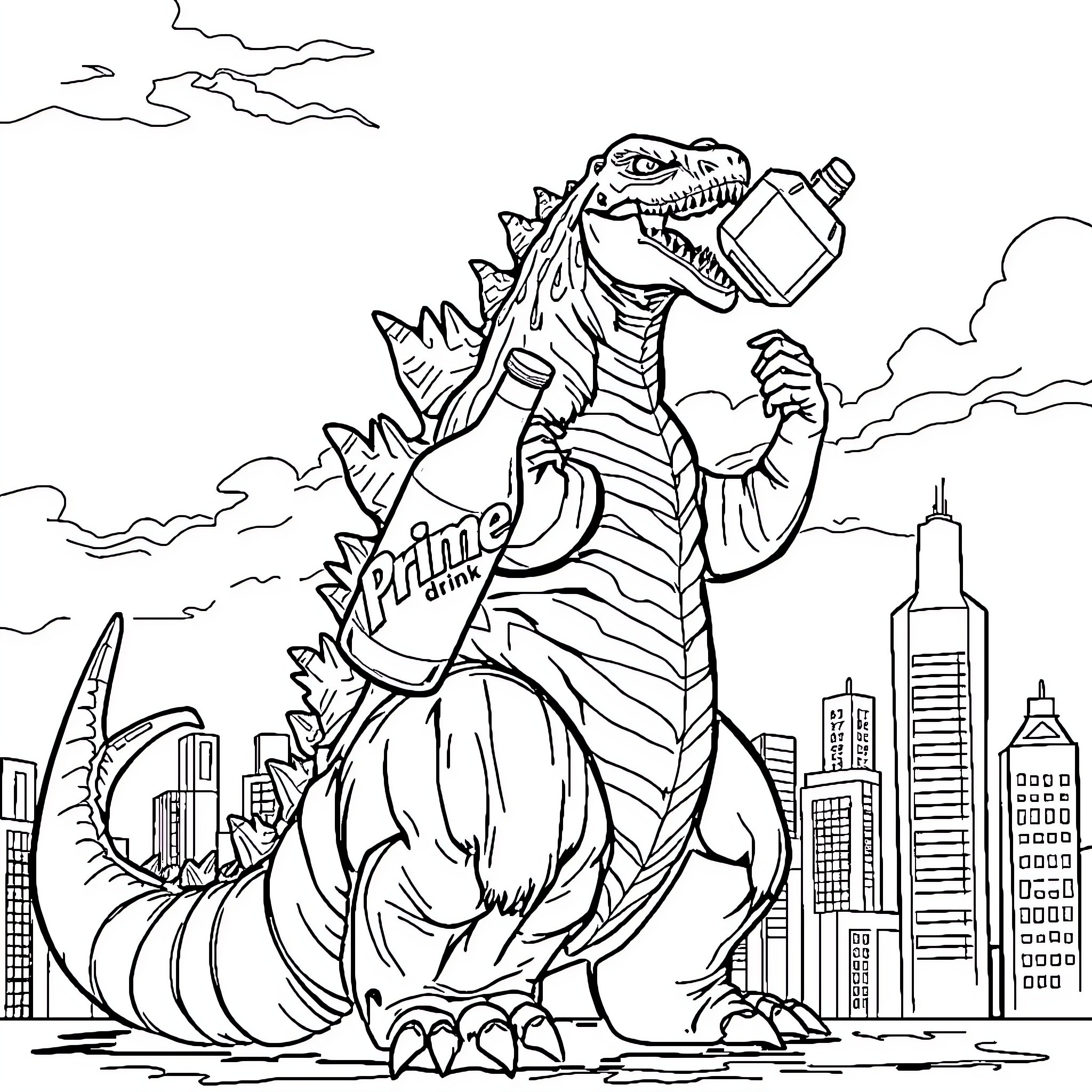 Godzilla Rampages Through the City Coloring Page (free black-and-white line drawing printable PDF for all, from beginners to advanced learners, including children, teens, adults, and seniors)