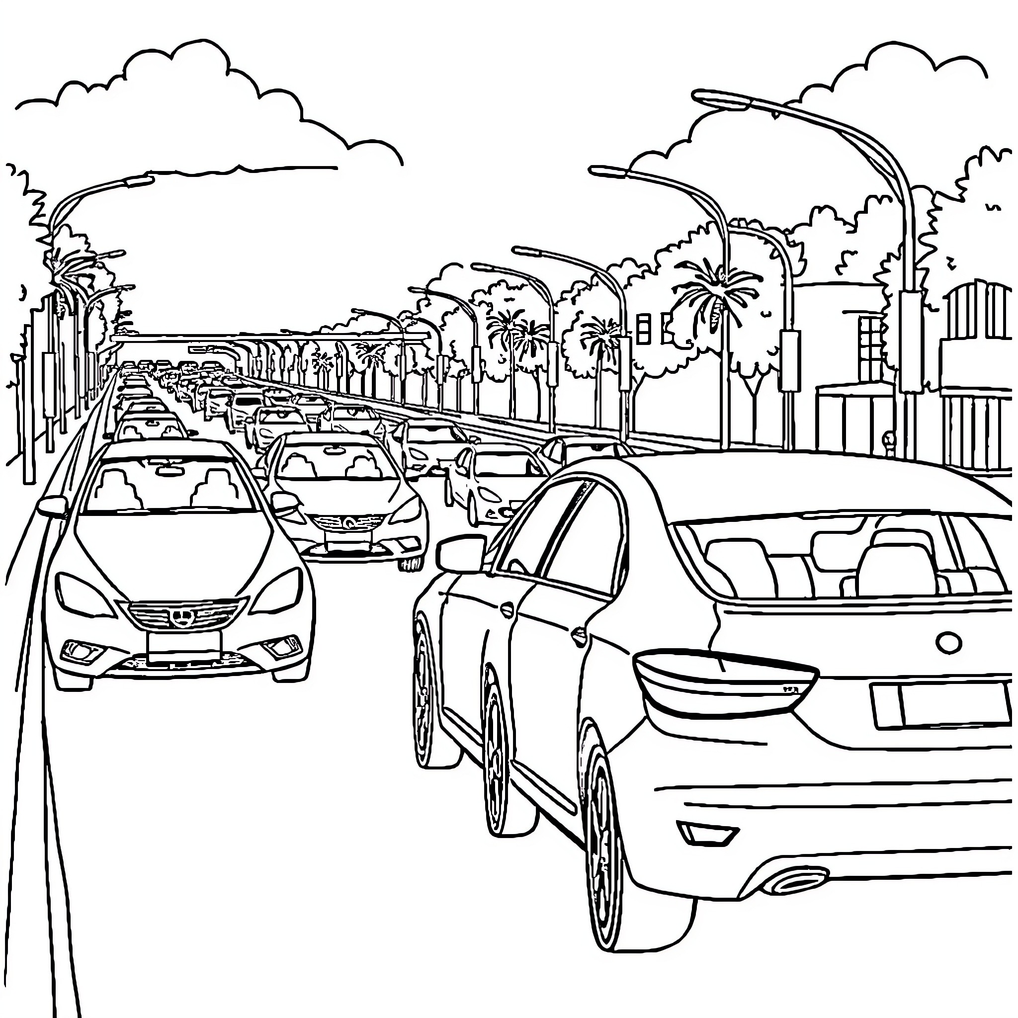 Car traffic on urban street with palm trees Coloring Page (free black-and-white line drawing printable PDF for all, from beginners to advanced learners, including children, teens, adults, and seniors)