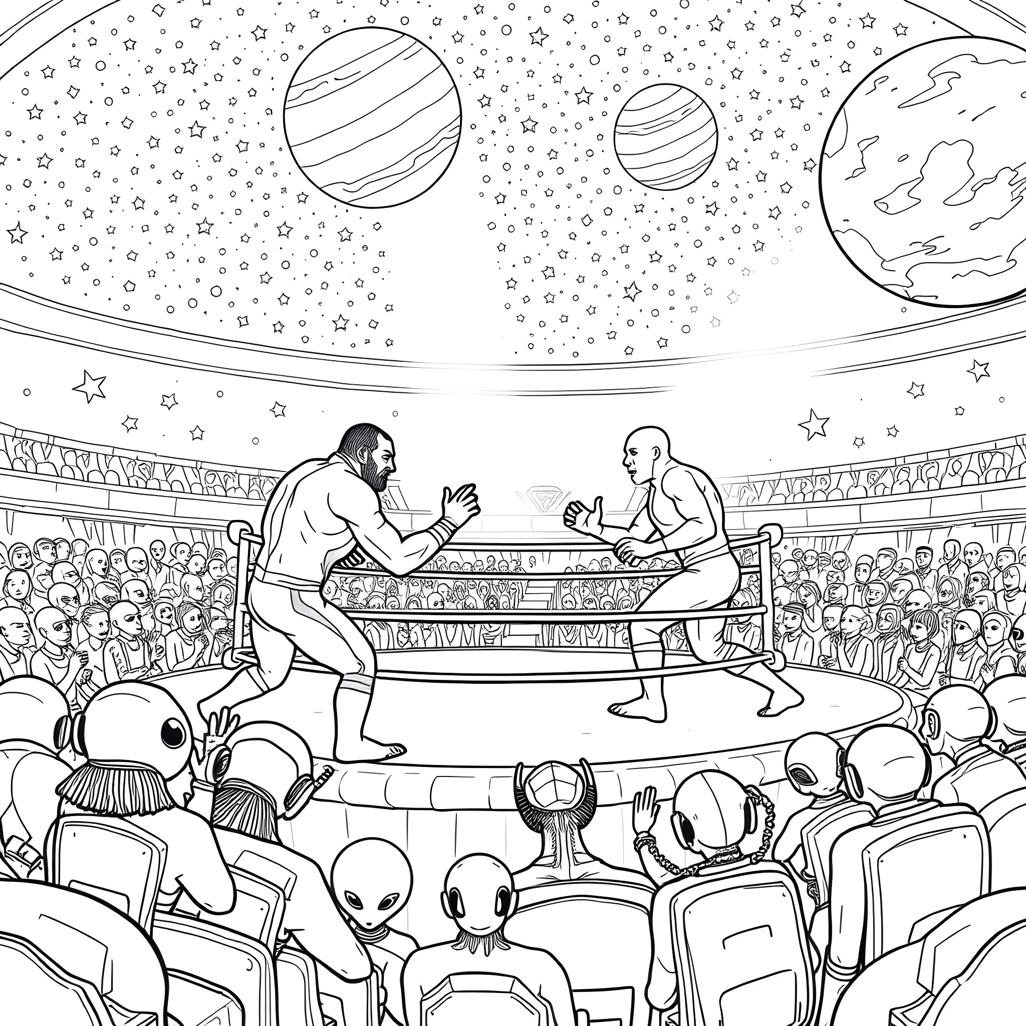 Wrestler's cosmic showdown in the intergalactic arena Coloring Page (free black-and-white line drawing printable PDF for all, from beginners to advanced learners, including children, teens, adults, and seniors)