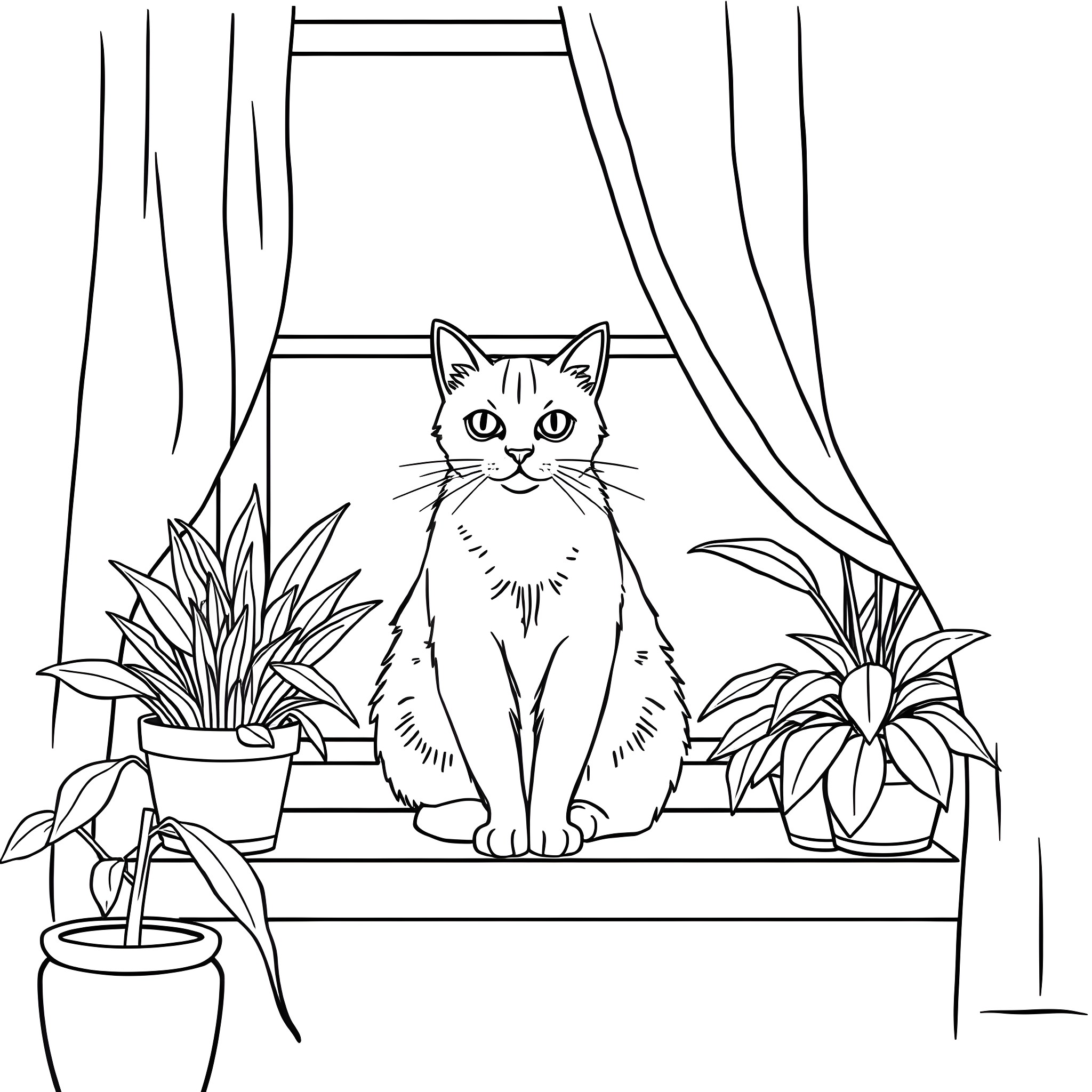 Cat relaxing in a cozy indoor setting Coloring Page (free black-and-white line drawing printable PDF for all, from beginners to advanced learners, including children, teens, adults, and seniors)